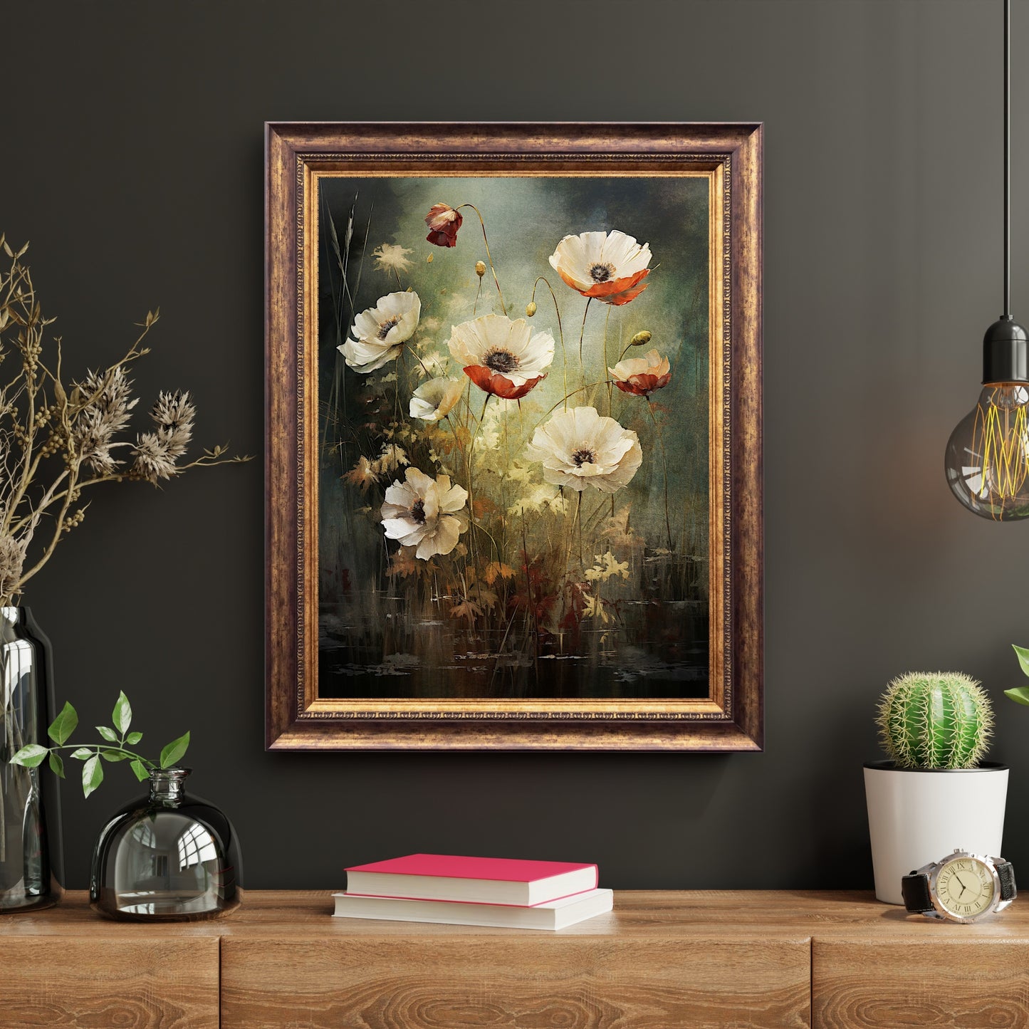 White Wild Flower Wall Art Dark Cottagecore Artwork Fairycore Botanical Poppy Painting Floral Art Gift Dark Aestetic Room Decor Paper Poster Print