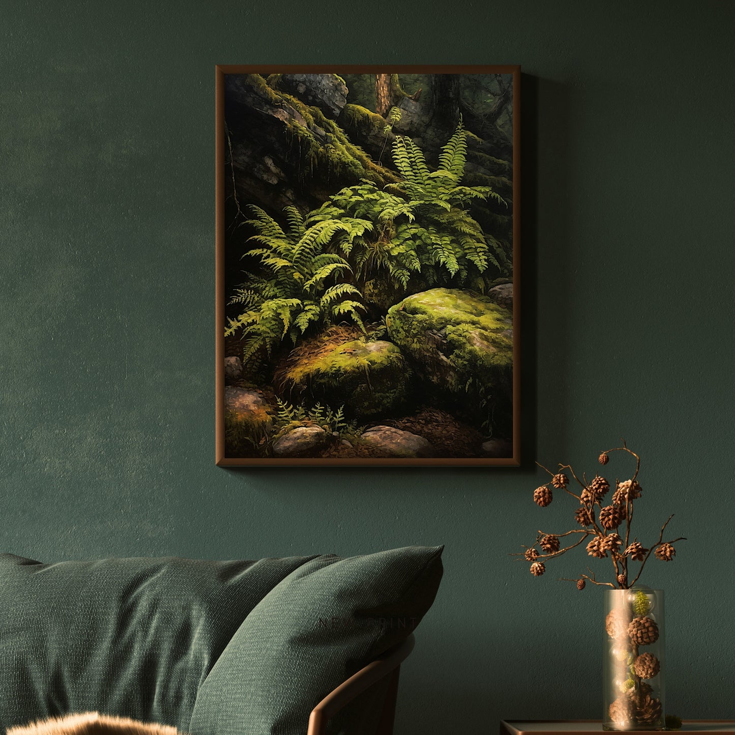 Fern and Rocks in Deep Forest Dark Cottagecore Wall Art Vintage Botanical Decor Green Aesthetic Wall Art Goblincore Oil Painting Dark Moody Paper Poster Print