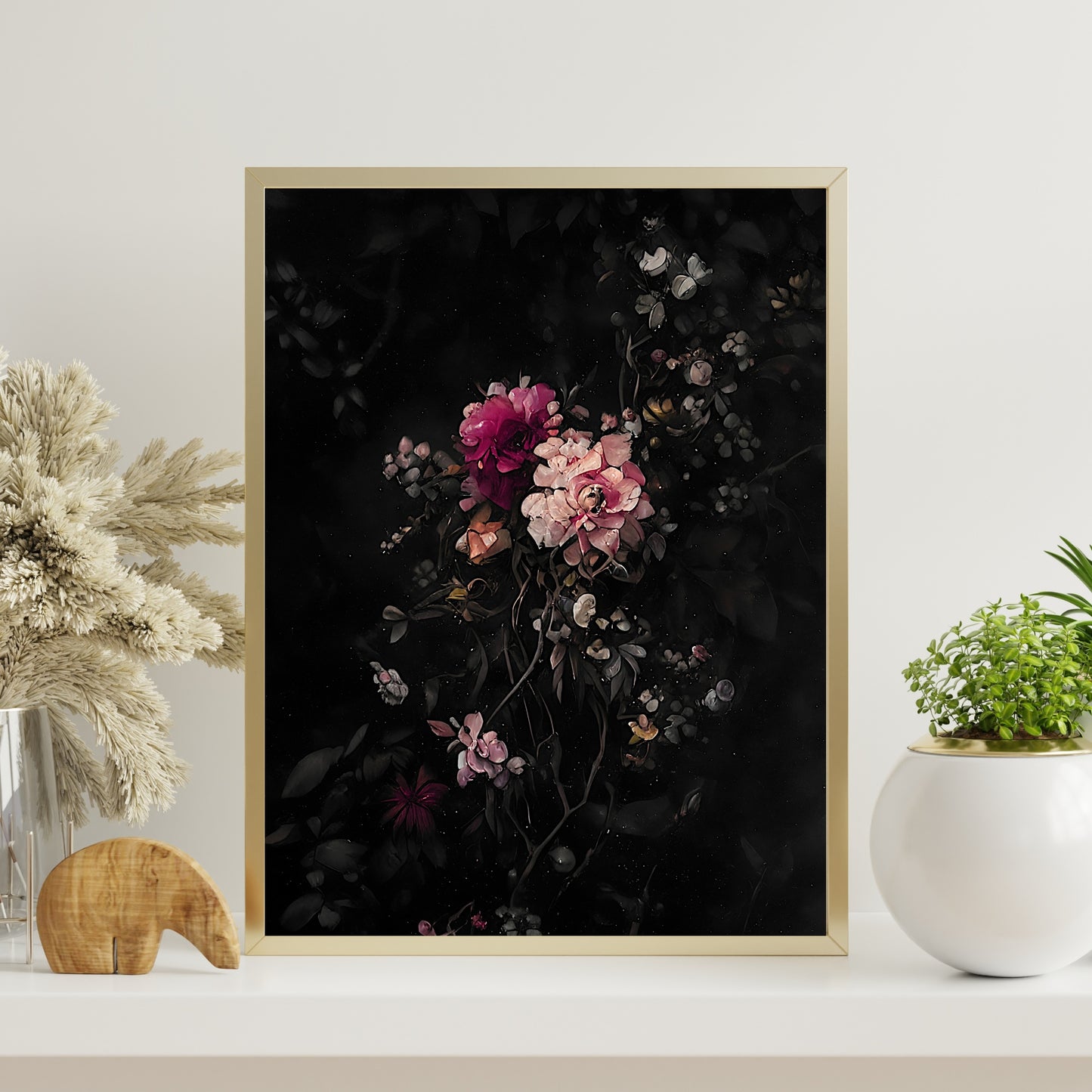 Blooming flowers on dark background still life painting Paper Poster Prints vintage art farmhouse decor floral painting botanic art dark
