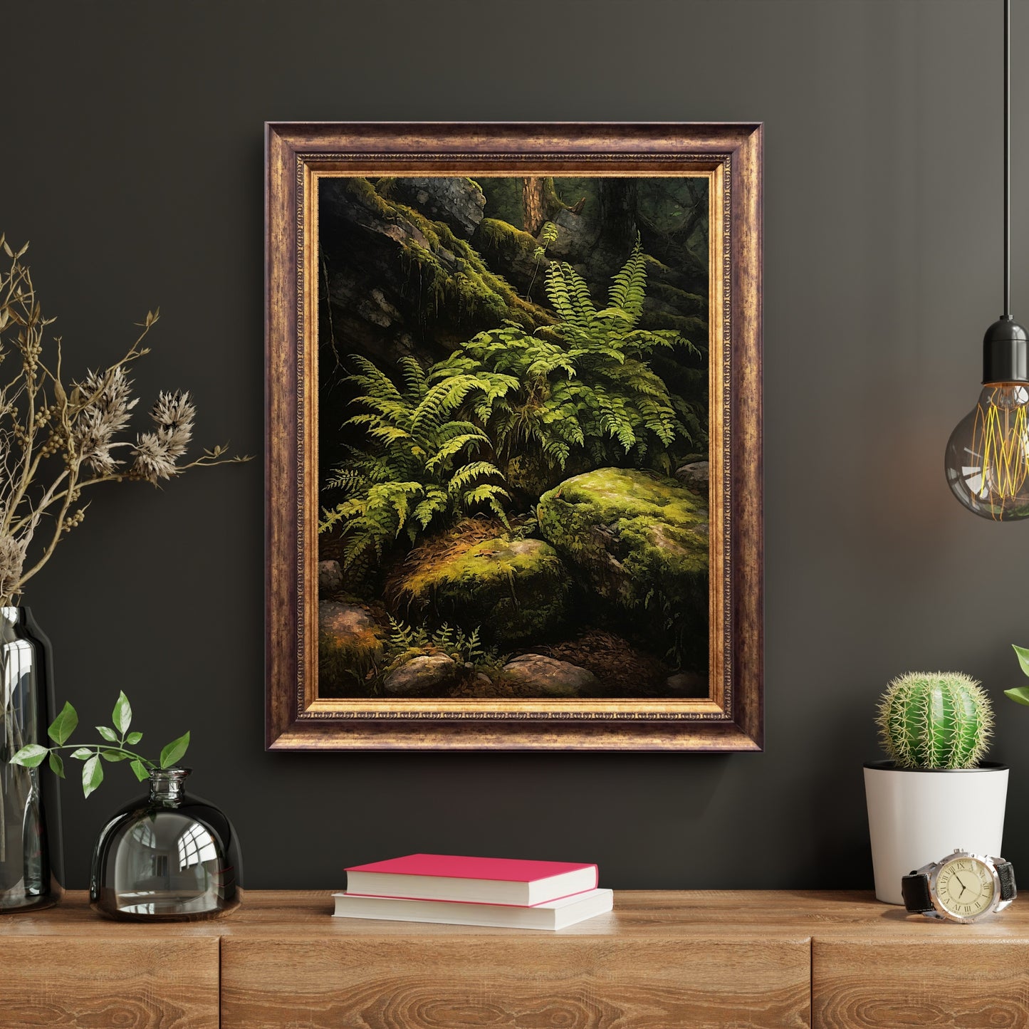 Fern and Rocks in Deep Forest Dark Cottagecore Wall Art Vintage Botanical Decor Green Aesthetic Wall Art Goblincore Oil Painting Dark Moody Paper Poster Print