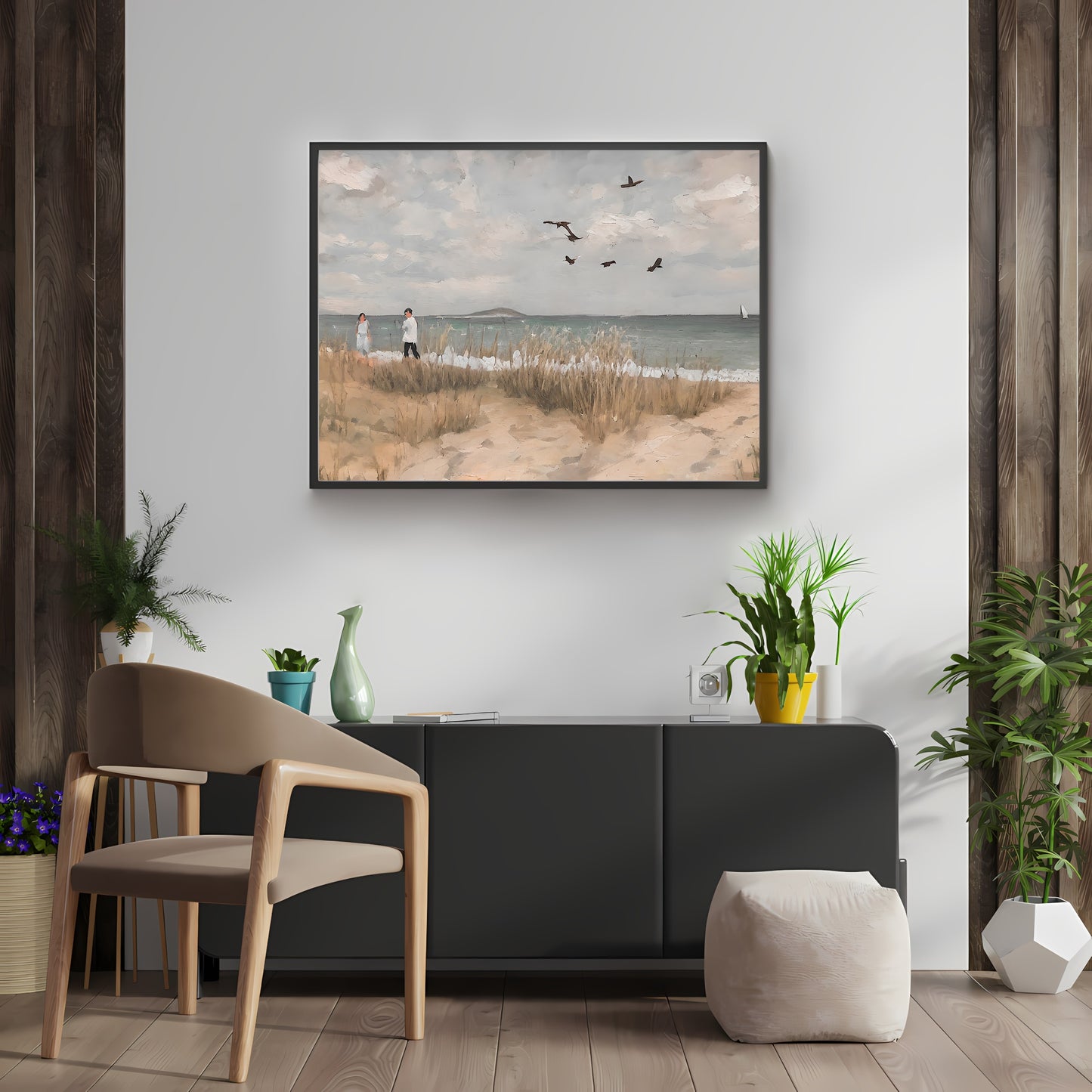 Day at the beach vintage art Paper Poster Prints oil painting coast painting beach painting livingroom decor pastel wall art