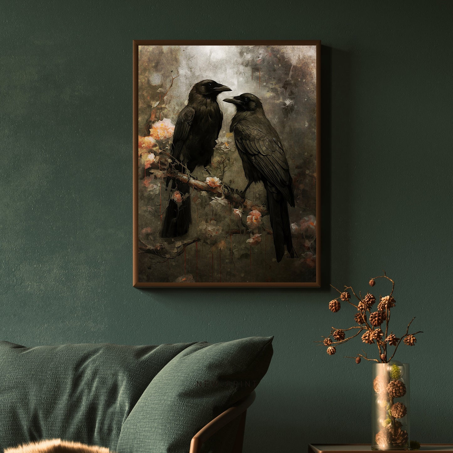 Raven Couple in Dark Forest Wall Art Vintage Dark Cottagecore Wildlife Painting Gothic Decor Dark Academia Artwork Retro Art Paper Poster Print