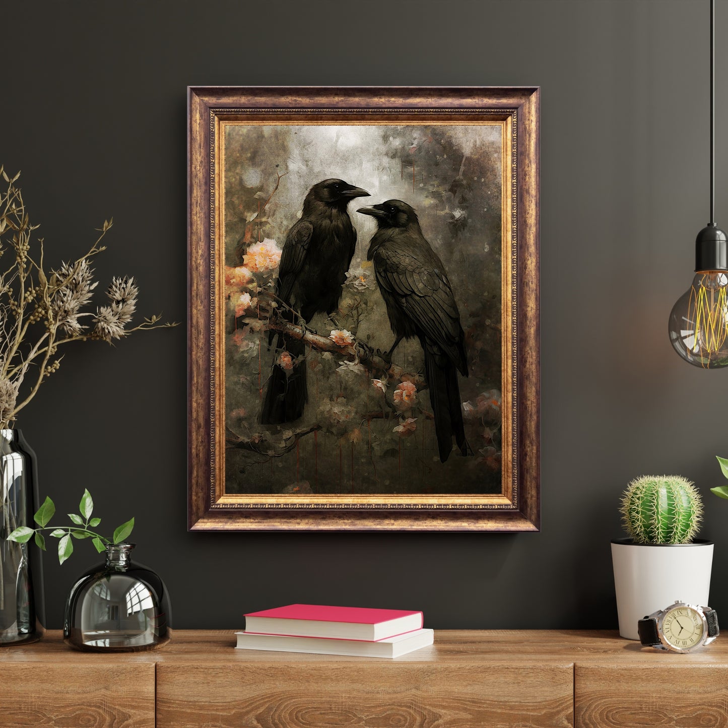 Raven Couple in Dark Forest Wall Art Vintage Dark Cottagecore Wildlife Painting Gothic Decor Dark Academia Artwork Retro Art Paper Poster Print