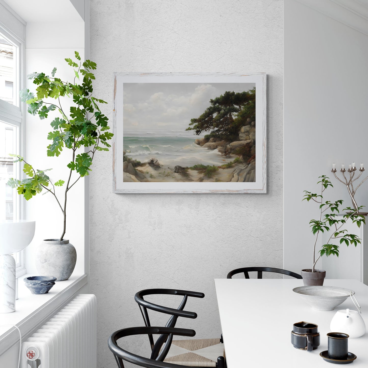 Rock coast with pines vintage art Paper Poster Prints coast painting beach painting livingroom decor pastel wall art