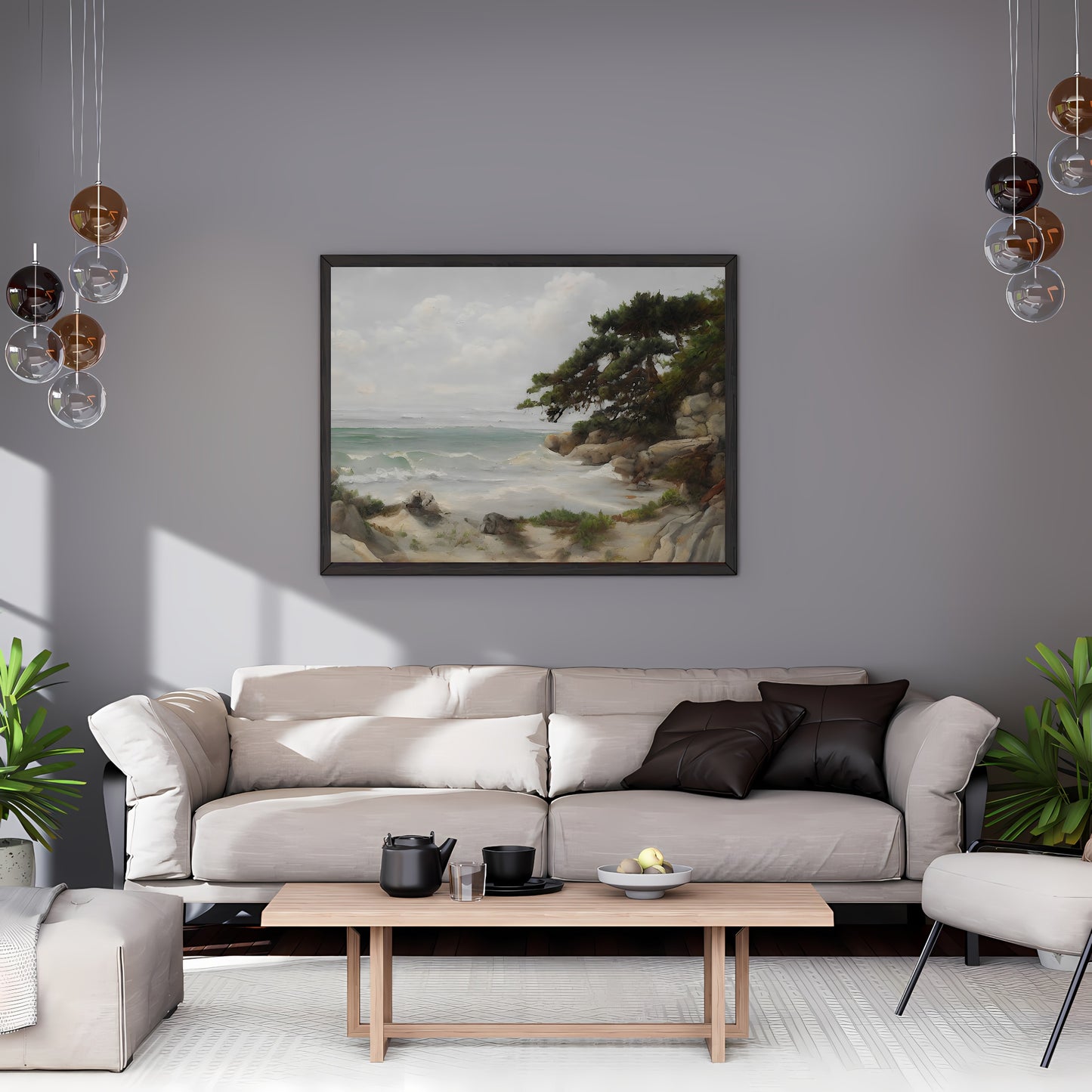 Rock coast with pines vintage art Paper Poster Prints coast painting beach painting livingroom decor pastel wall art
