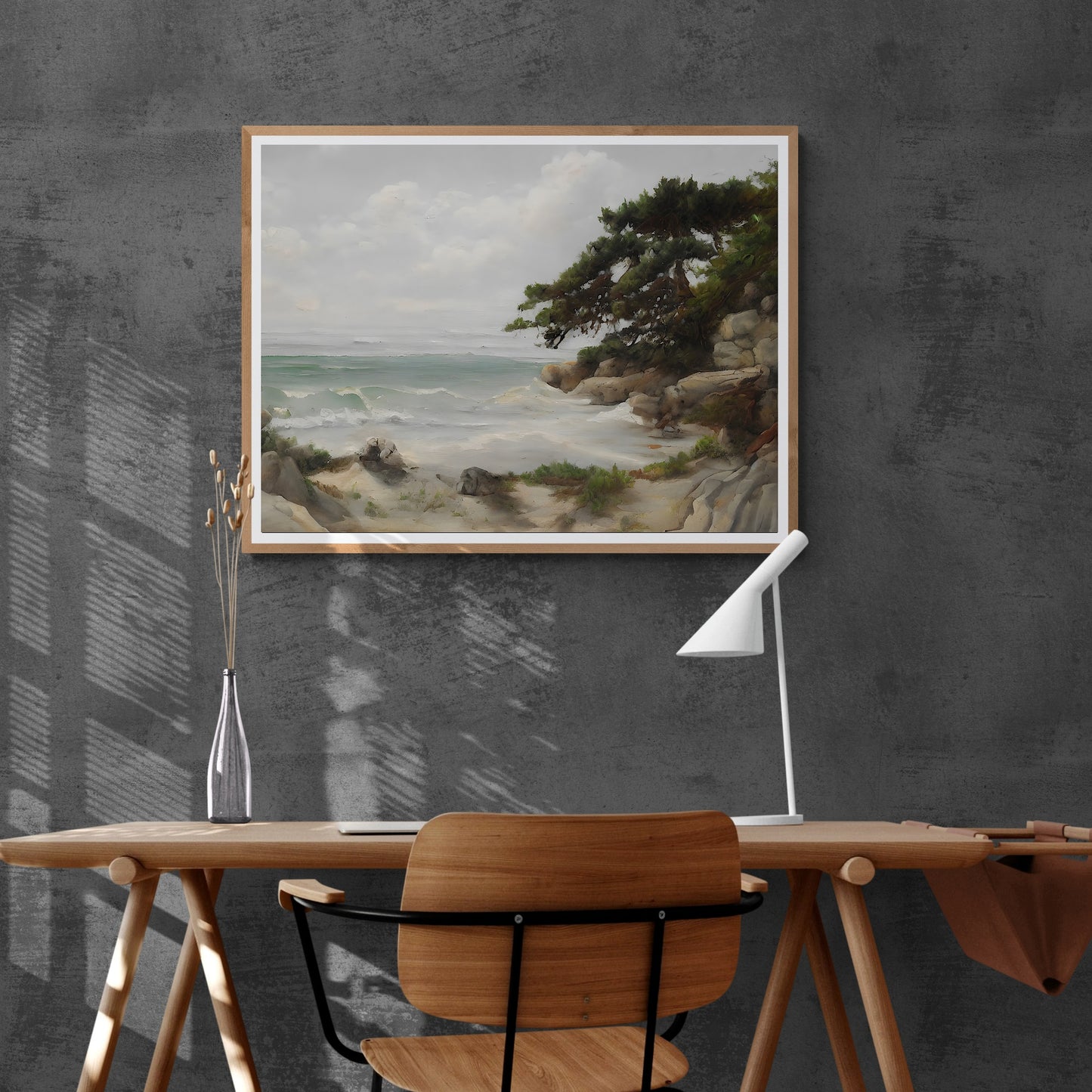 Rock coast with pines vintage art Paper Poster Prints coast painting beach painting livingroom decor pastel wall art