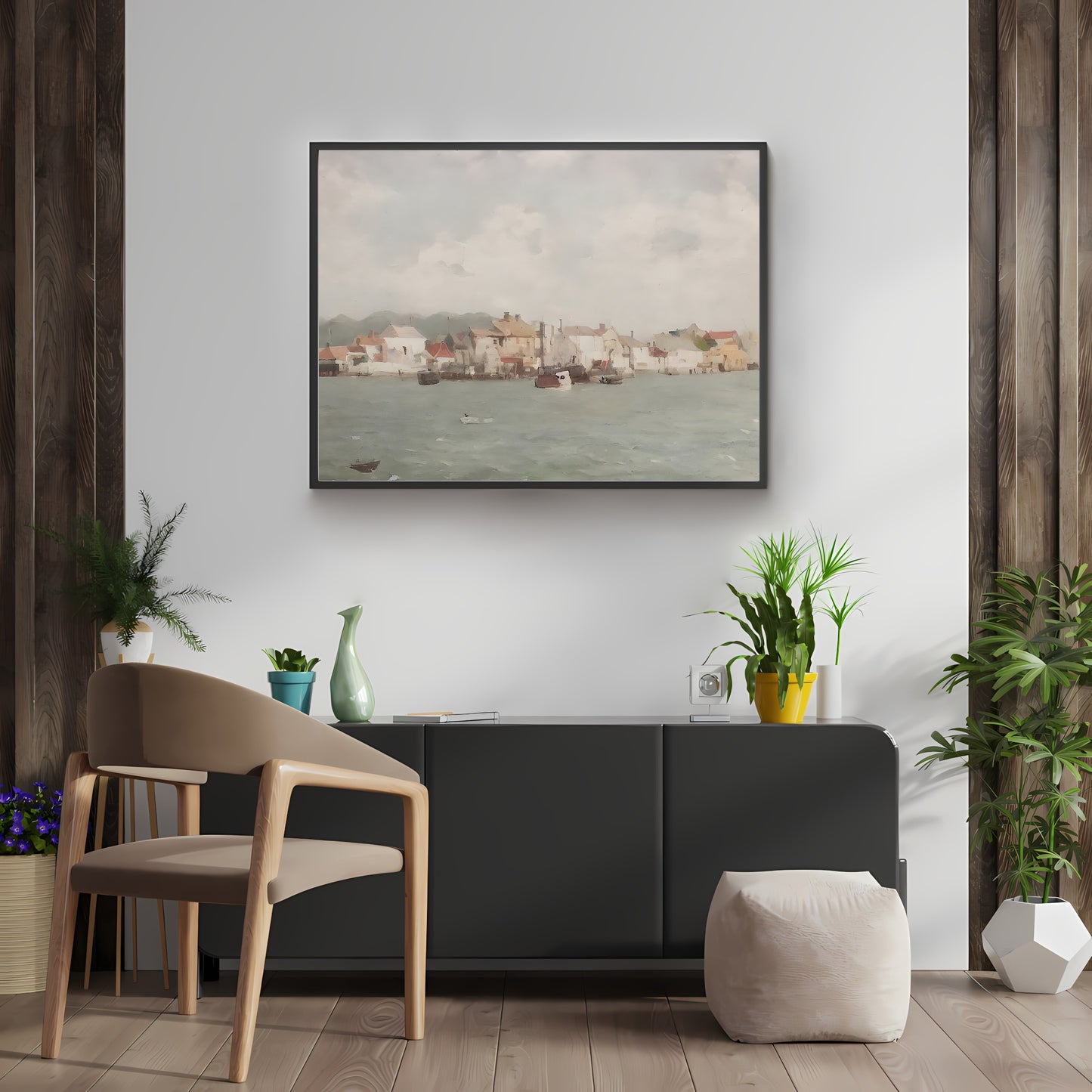 Mediterranean fisher village Paper Poster Prints vintage art coast painting beach painting livingroom decor mediterranean art