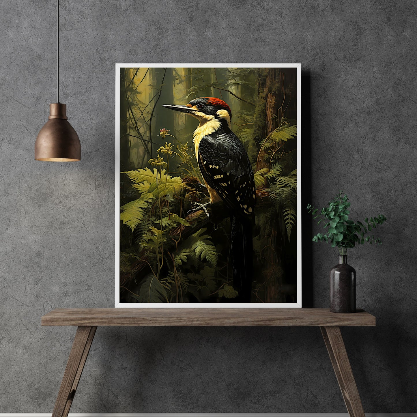 Woodpecker in Moody Forest Wall Art Dark Cottagecore Vintage Dark Academia Print Woodland Animal Art Wildlife Painting Gothic Paper Poster Print
