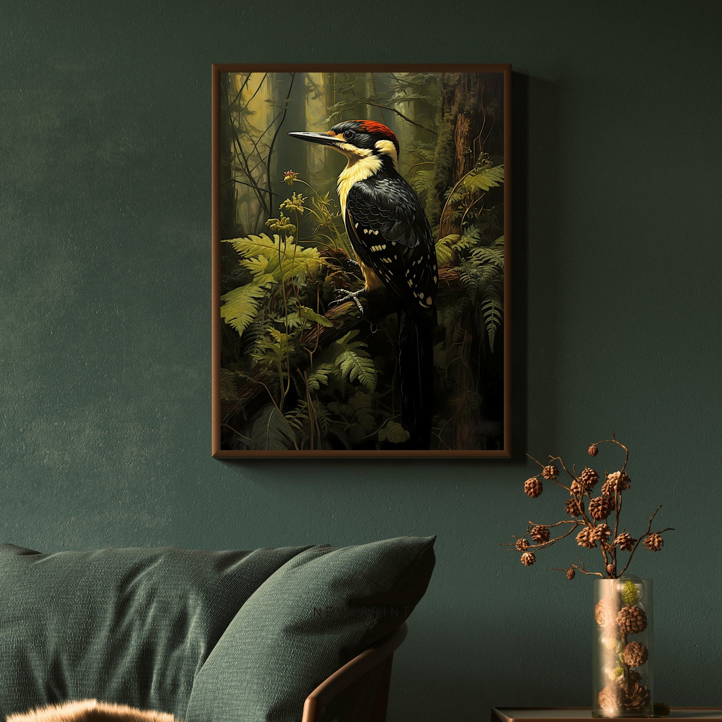 Woodpecker in Moody Forest Wall Art Dark Cottagecore Vintage Dark Academia Print Woodland Animal Art Wildlife Painting Gothic Paper Poster Print