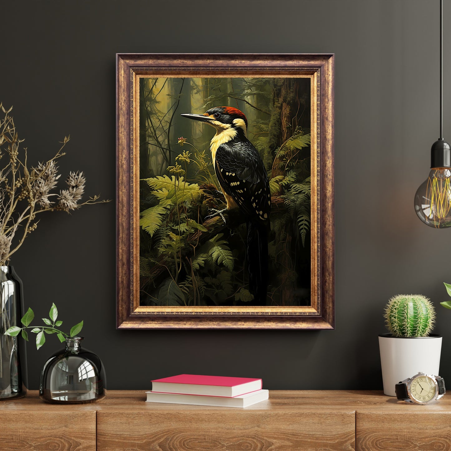 Woodpecker in Moody Forest Wall Art Dark Cottagecore Vintage Dark Academia Print Woodland Animal Art Wildlife Painting Gothic Paper Poster Print