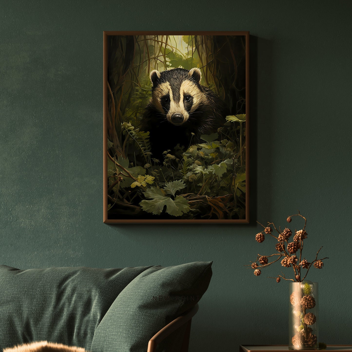 Dachs im Moody Forest Wandkunst Dark Cottagecore Vintage Dark Academia Druck Waldtier Kunst Wildtier Malerei Gothic Papier Posterdruck