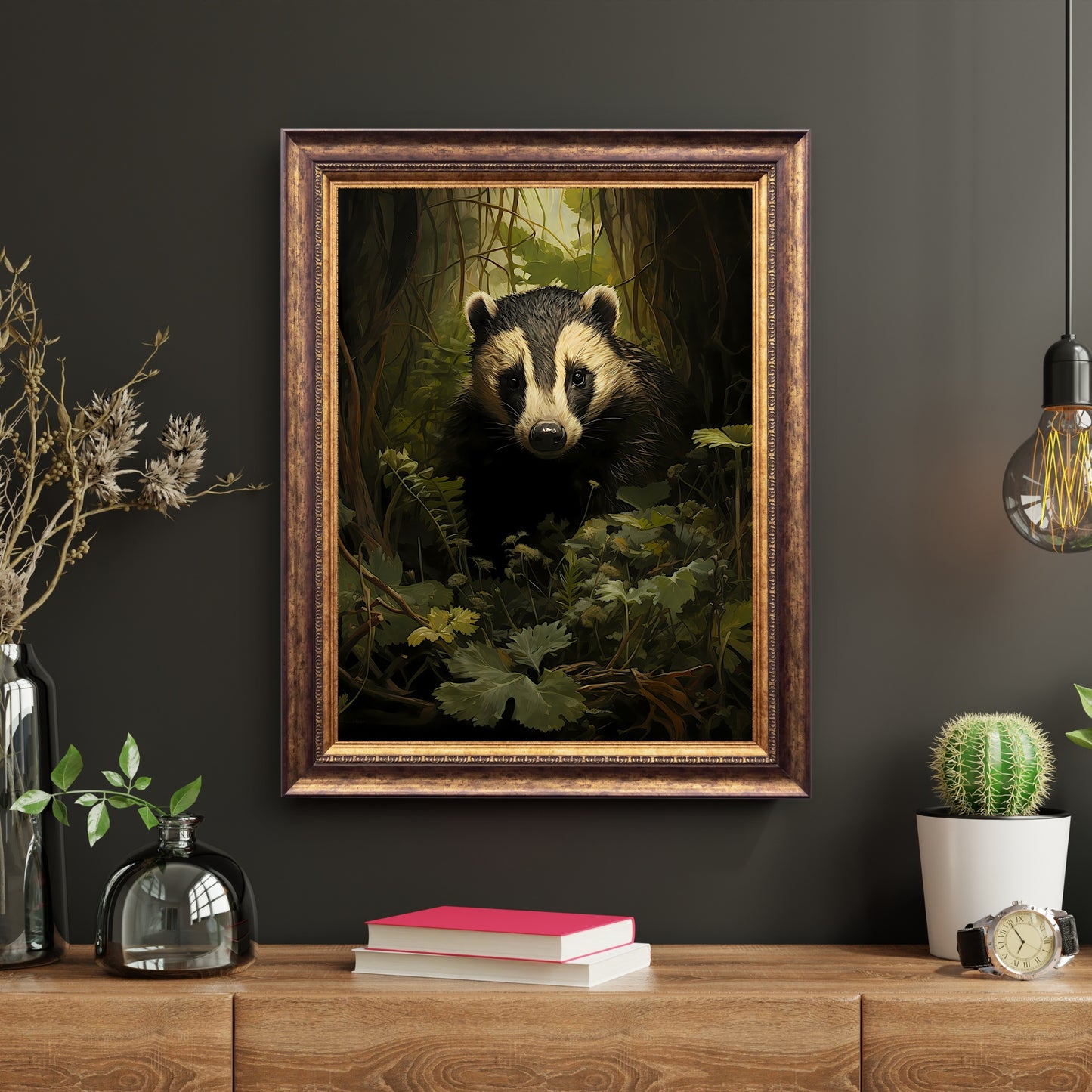 Badger in Moody Forest Wall Art Dark Cottagecore Vintage Dark Academia Print Woodland Animal Art Wildlife Painting Gothic Paper Poster Print