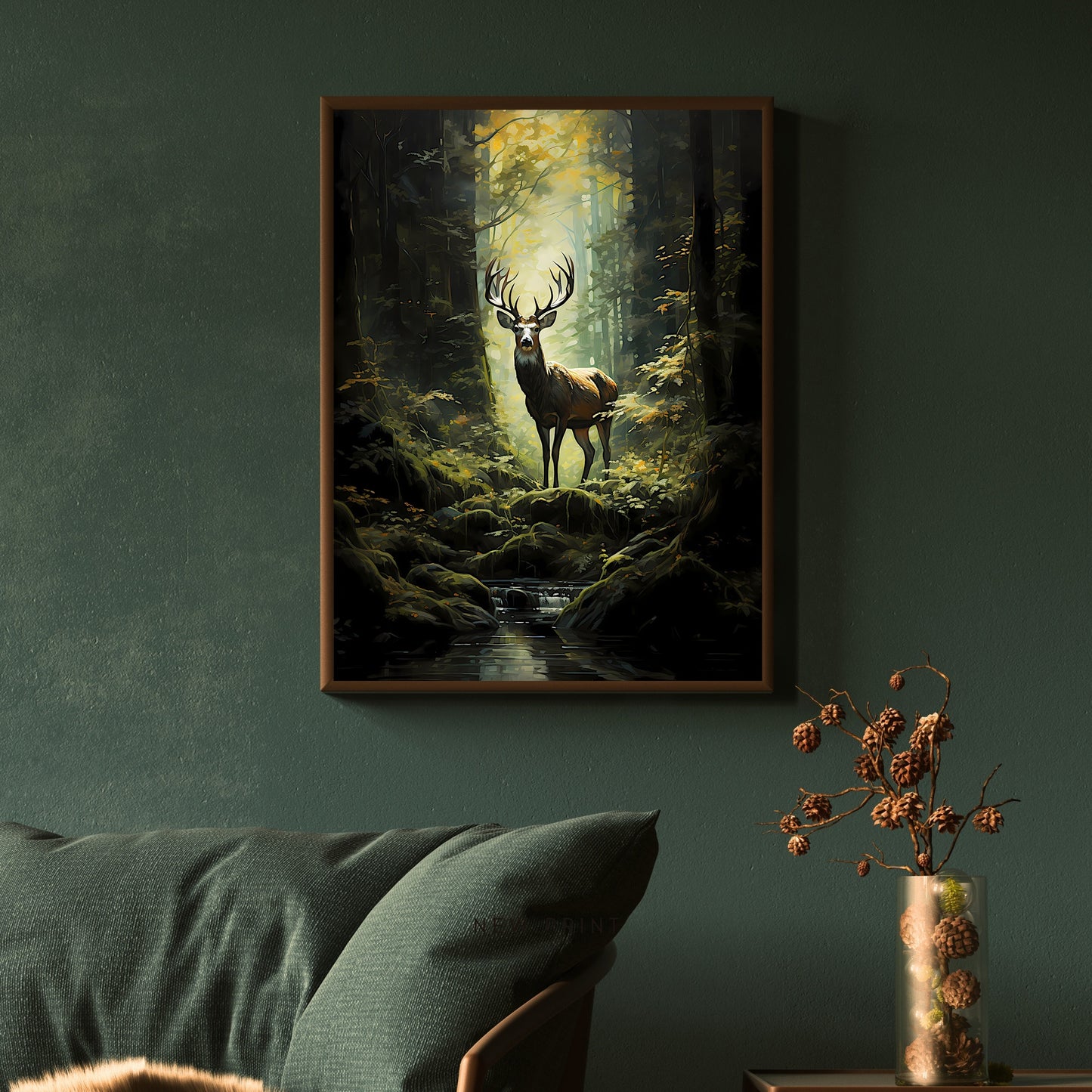 Deer in Moody Forest Wall Art Dark Cottagecore Vintage Dark Academia Print Woodland Animal Art Wildlife Painting Gothic Paper Poster Print