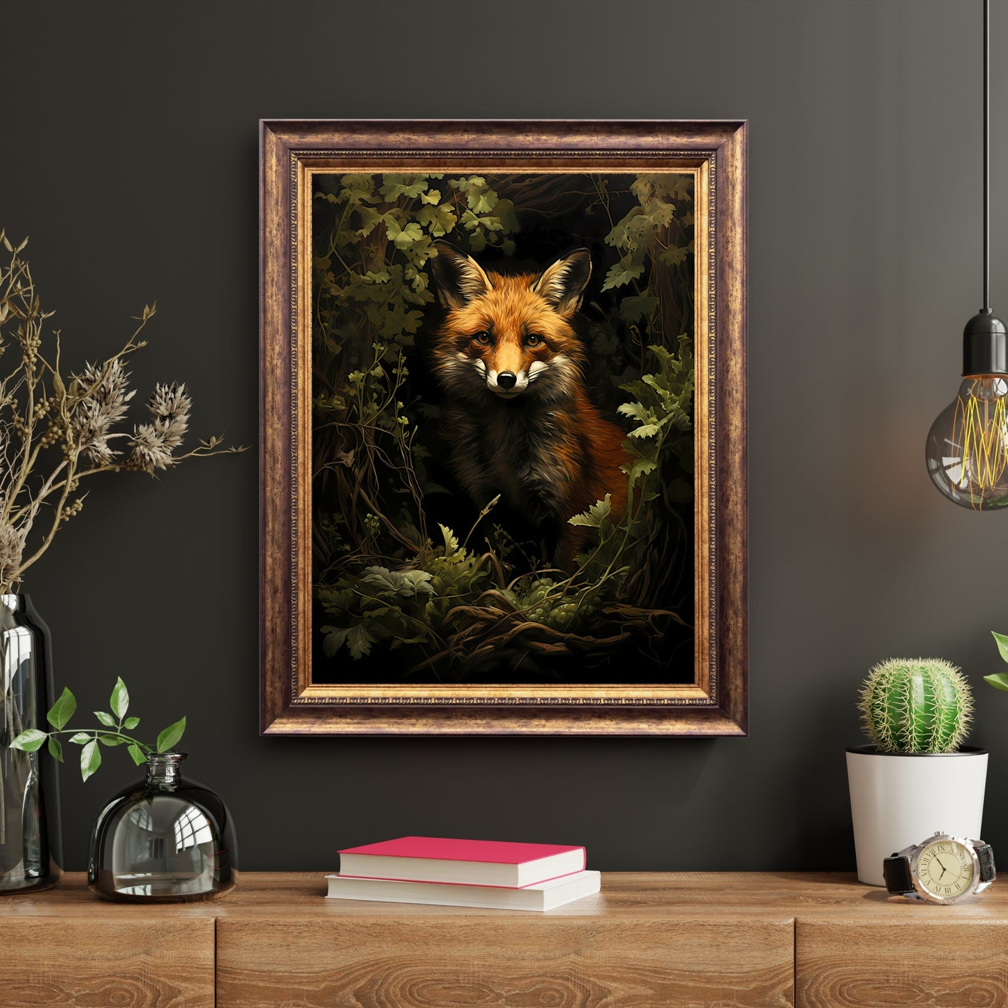 Red Fox in Moody Forest Wall Art Dark Cottagecore Vintage Dark Academia Print Woodland Animal Art Wildlife Painting Gothic Paper Poster Print