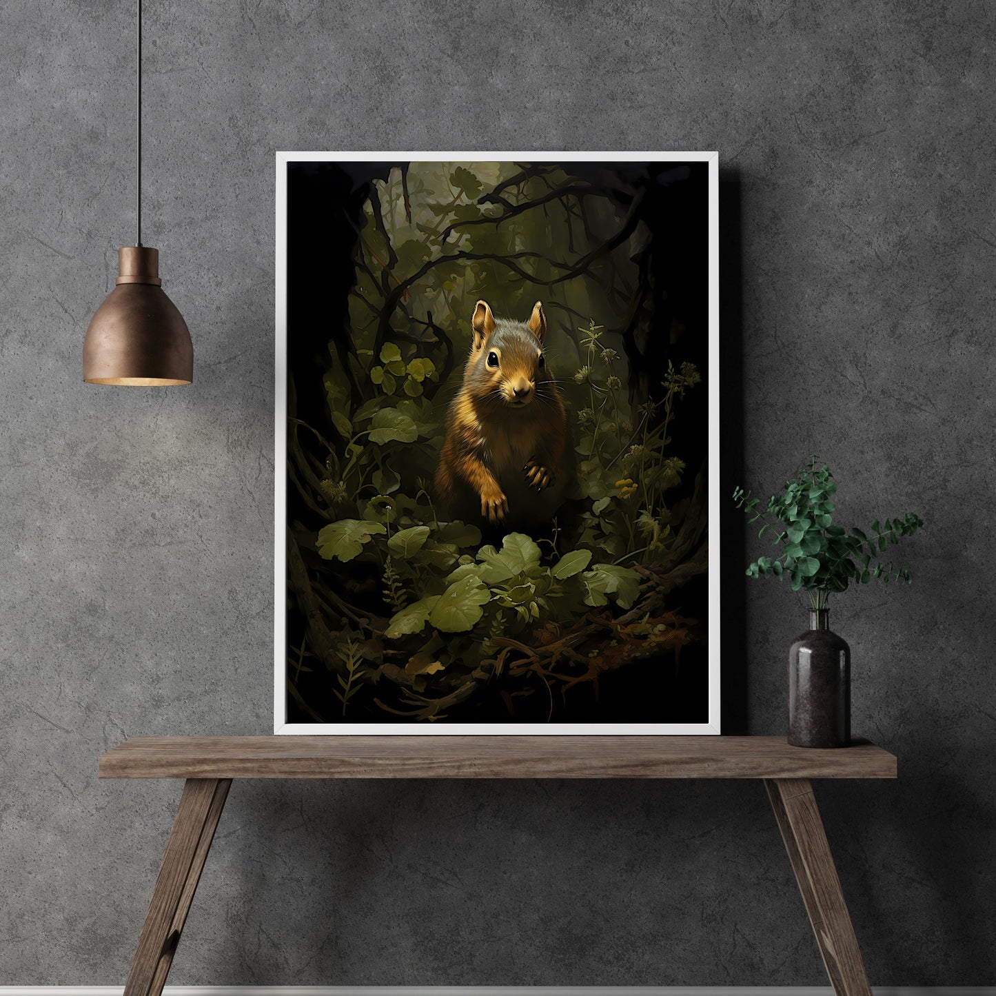 Squirrel in Moody Woodland Wall Art Dark Cottagecore Vintage Dark Academia Print Forest Animal Art Wildlife Dark Green Aesthetic Paper Poster Print