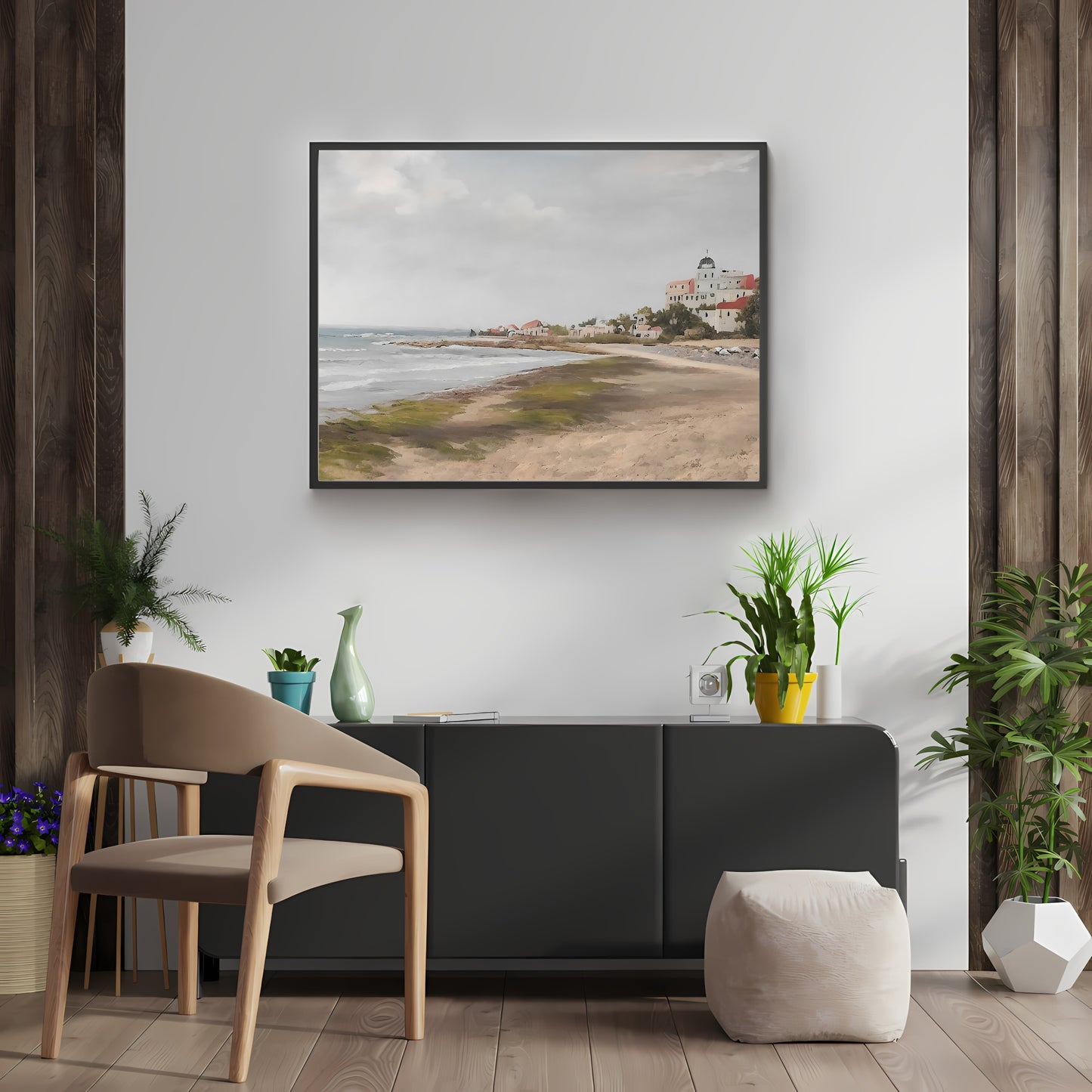 Small mediterranean village at coast Paper Poster Prints vintage art coast painting watercolor painting livingroom decor mediterranean art