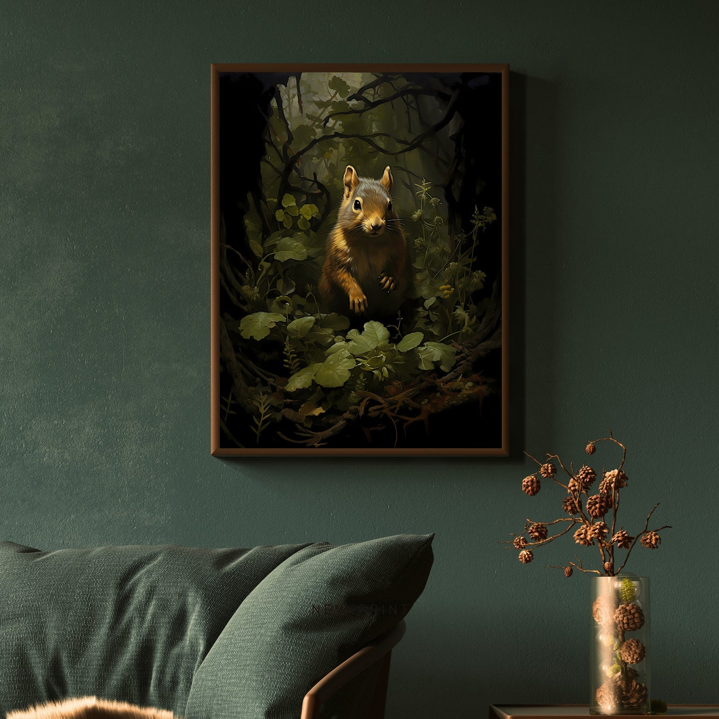Squirrel in Moody Woodland Wall Art Dark Cottagecore Vintage Dark Academia Print Forest Animal Art Wildlife Dark Green Aesthetic Paper Poster Print