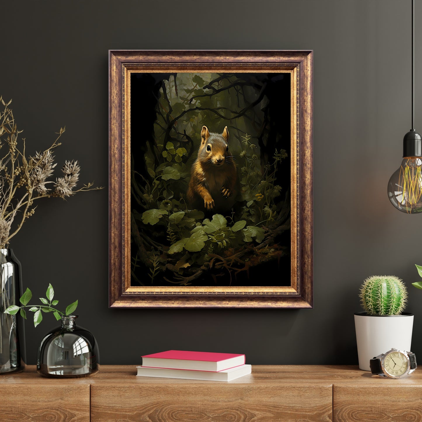 Squirrel in Moody Woodland Wall Art Dark Cottagecore Vintage Dark Academia Print Forest Animal Art Wildlife Dark Green Aesthetic Paper Poster Print