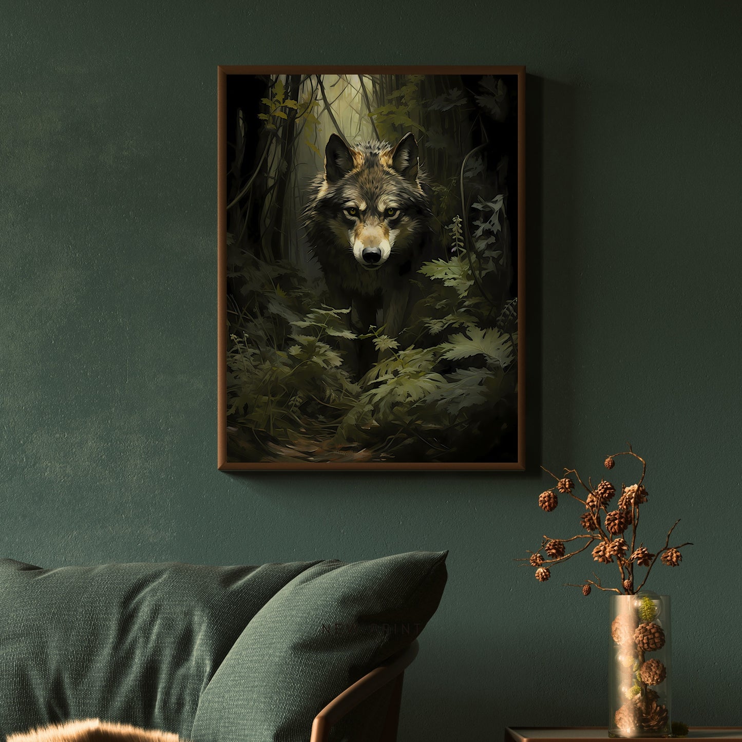 Wolf in Moody Woodland Wall Art Dark Cottagecore Vintage Dark Academia Print Forest Animal Art Wildlife Dark Green Aesthetic Paper Poster Print