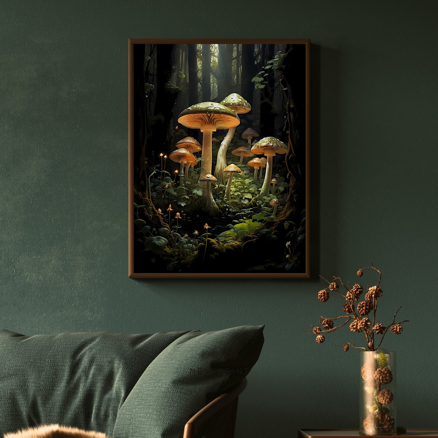 Green Mushrooms in Dark Forest Dark Cottagecore Printable Wall Art Goblincore Vintage Botanical Amanita Decor Witchy Gothic Dark Academia Paper Poster Print