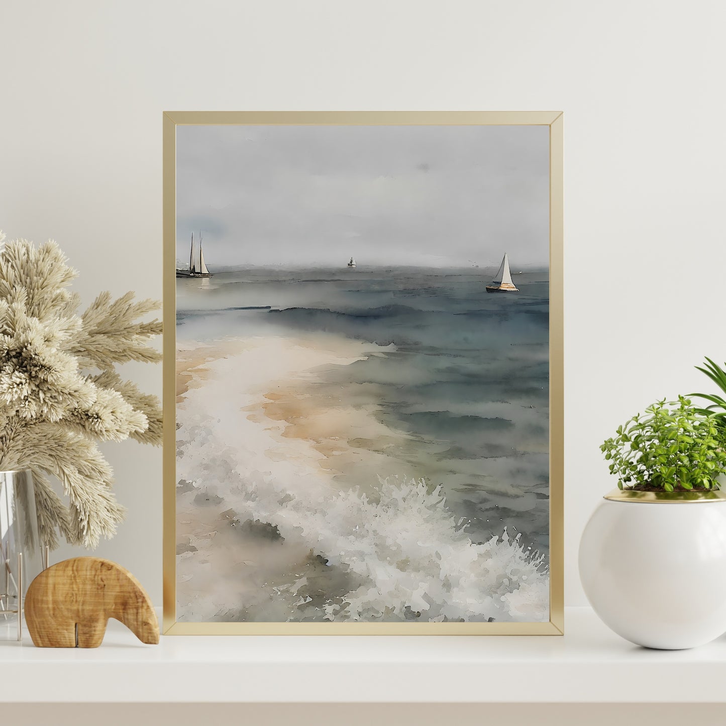 Beach Coastal Vintage Paper Poster Prints Wall Art Neutral Print Watercolor Painting Cottagecore Beach House Decor Seascape Cost Artwork Sailboats
