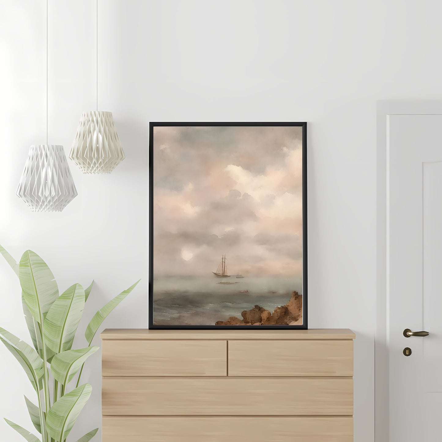 Rocky shoreline with damaged sailship vintage art Paper Poster Prints watercolor painting coast painting sailingship livingroom decor pastel art