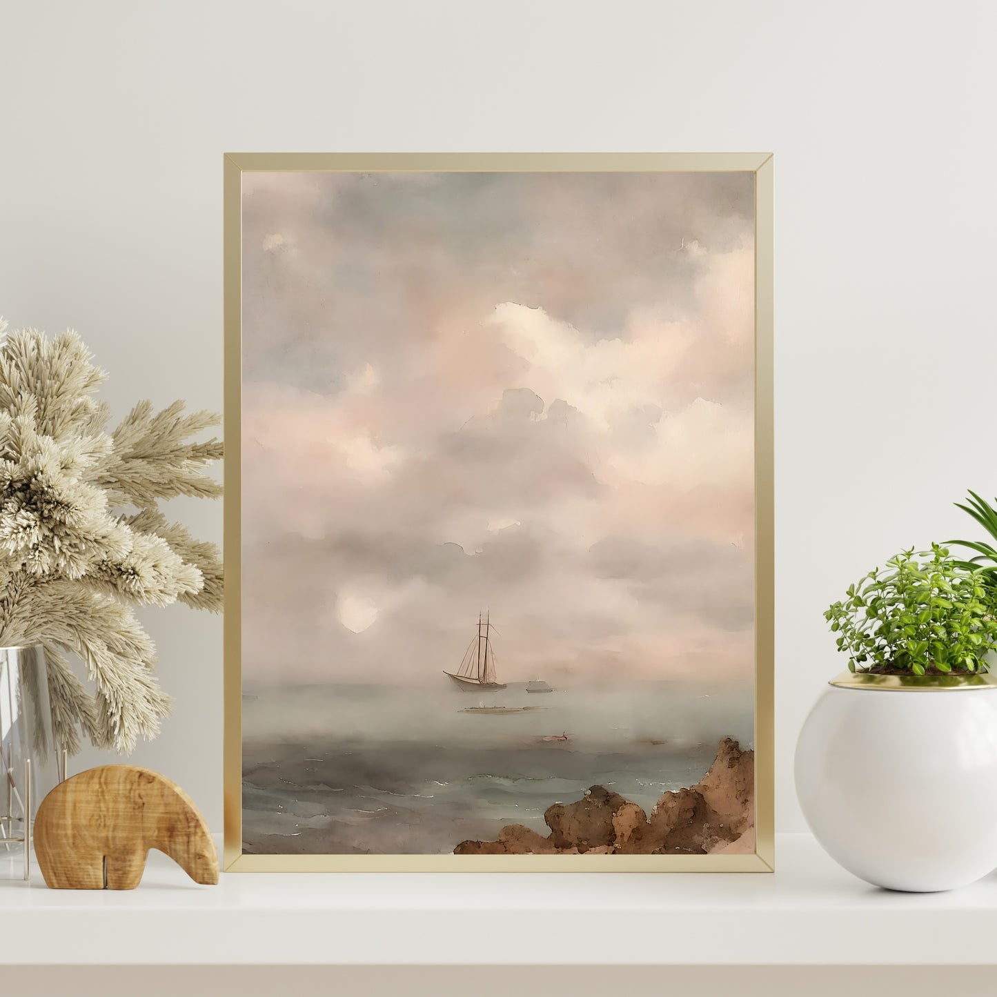 Rocky shoreline with damaged sailship vintage art Paper Poster Prints watercolor painting coast painting sailingship livingroom decor pastel art