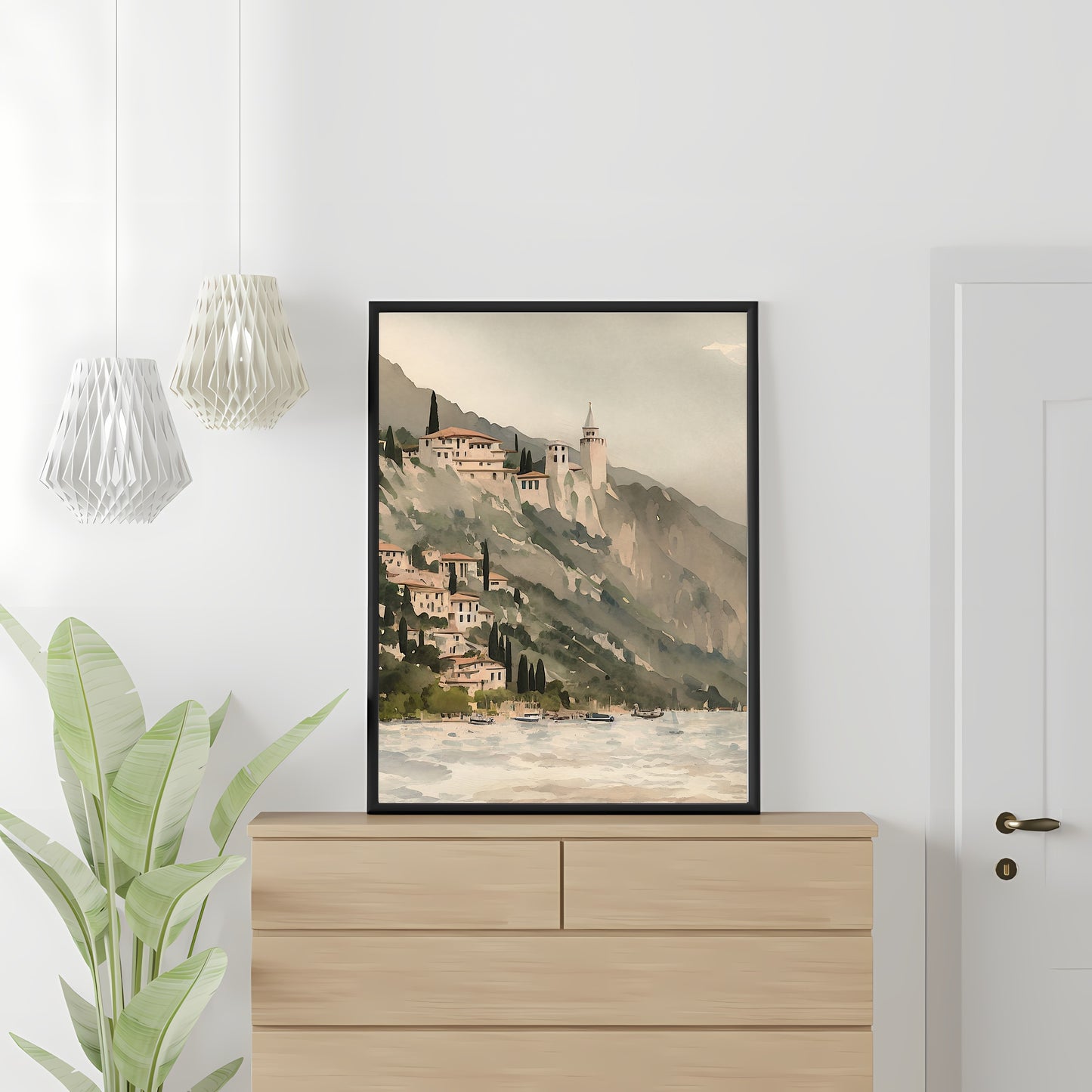 Mediterranean village on cliff at lake vintage art Paper Poster Prints watercolor painting lake painting mediterranean art old village harbour