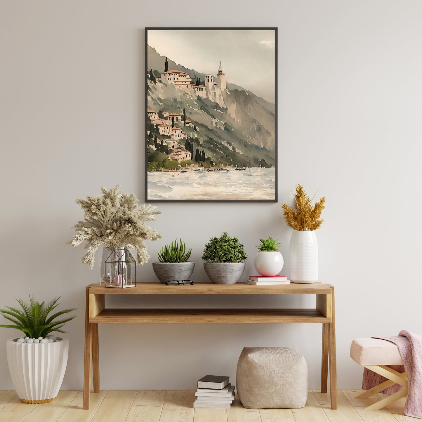 Mediterranean village on cliff at lake vintage art Paper Poster Prints watercolor painting lake painting mediterranean art old village harbour