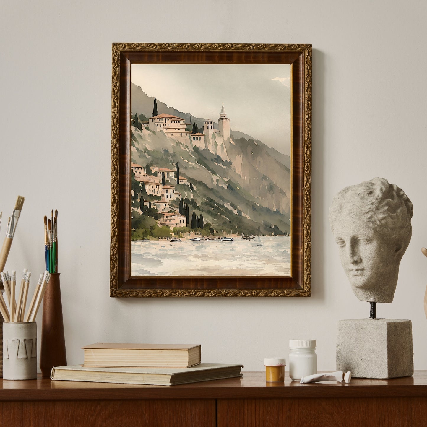 Mediterranean village on cliff at lake vintage art Paper Poster Prints watercolor painting lake painting mediterranean art old village harbour