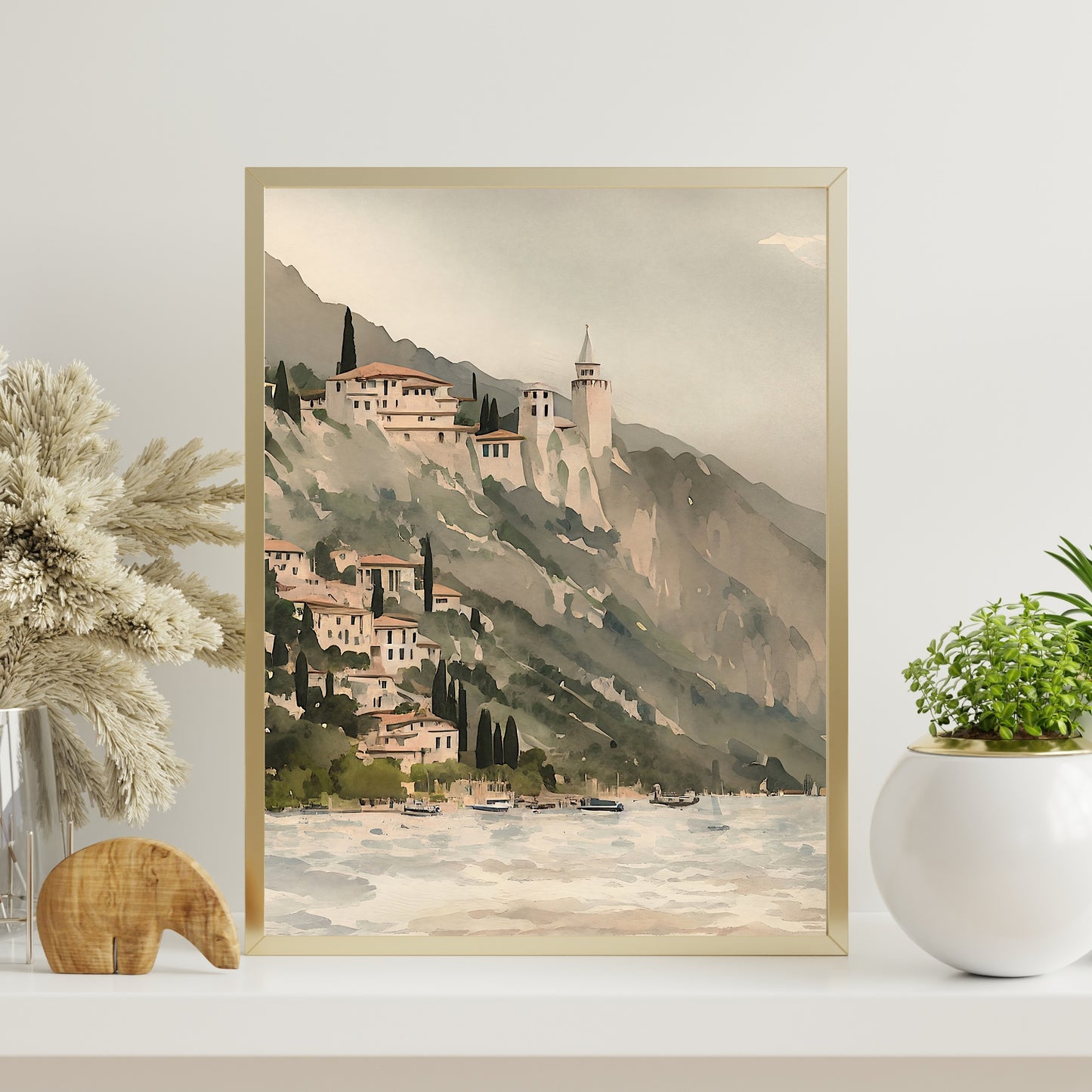 Mediterranean village on cliff at lake vintage art Paper Poster Prints watercolor painting lake painting mediterranean art old village harbour