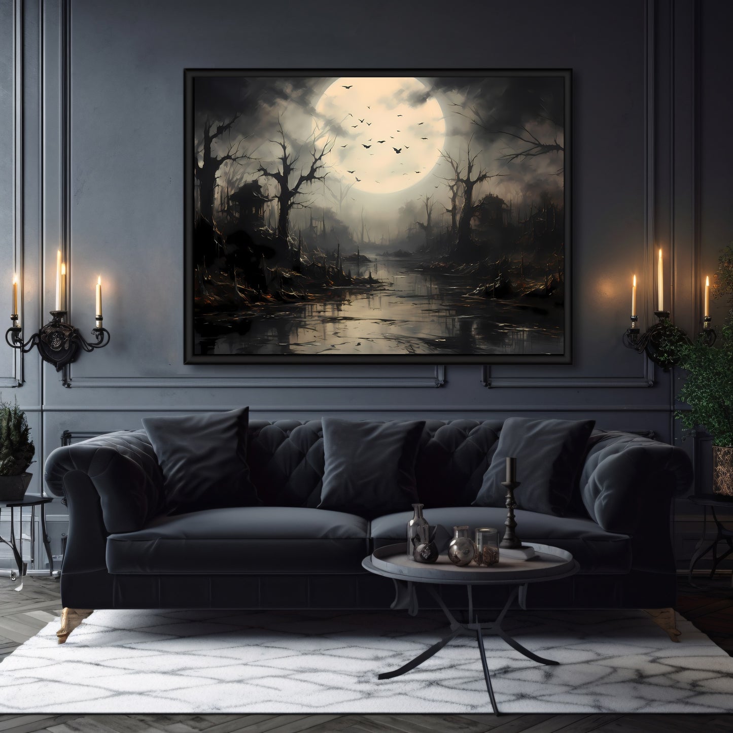 Spooky Swamp at Full Moon Wall Art Dark Cottagecore Halloween Artwork Moody Painting Witchy Art Gift for Gothic Fans Flying Bats Paper Poster Print