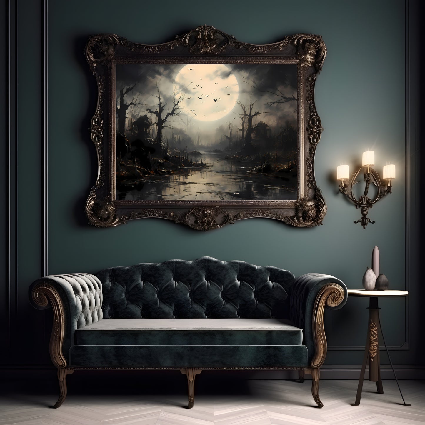 Spooky Swamp at Full Moon Wall Art Dark Cottagecore Halloween Artwork Moody Painting Witchy Art Gift for Gothic Fans Flying Bats Paper Poster Print