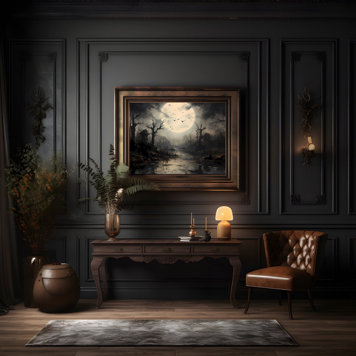 Spooky Swamp at Full Moon Wall Art Dark Cottagecore Halloween Artwork Moody Painting Witchy Art Gift for Gothic Fans Flying Bats Paper Poster Print