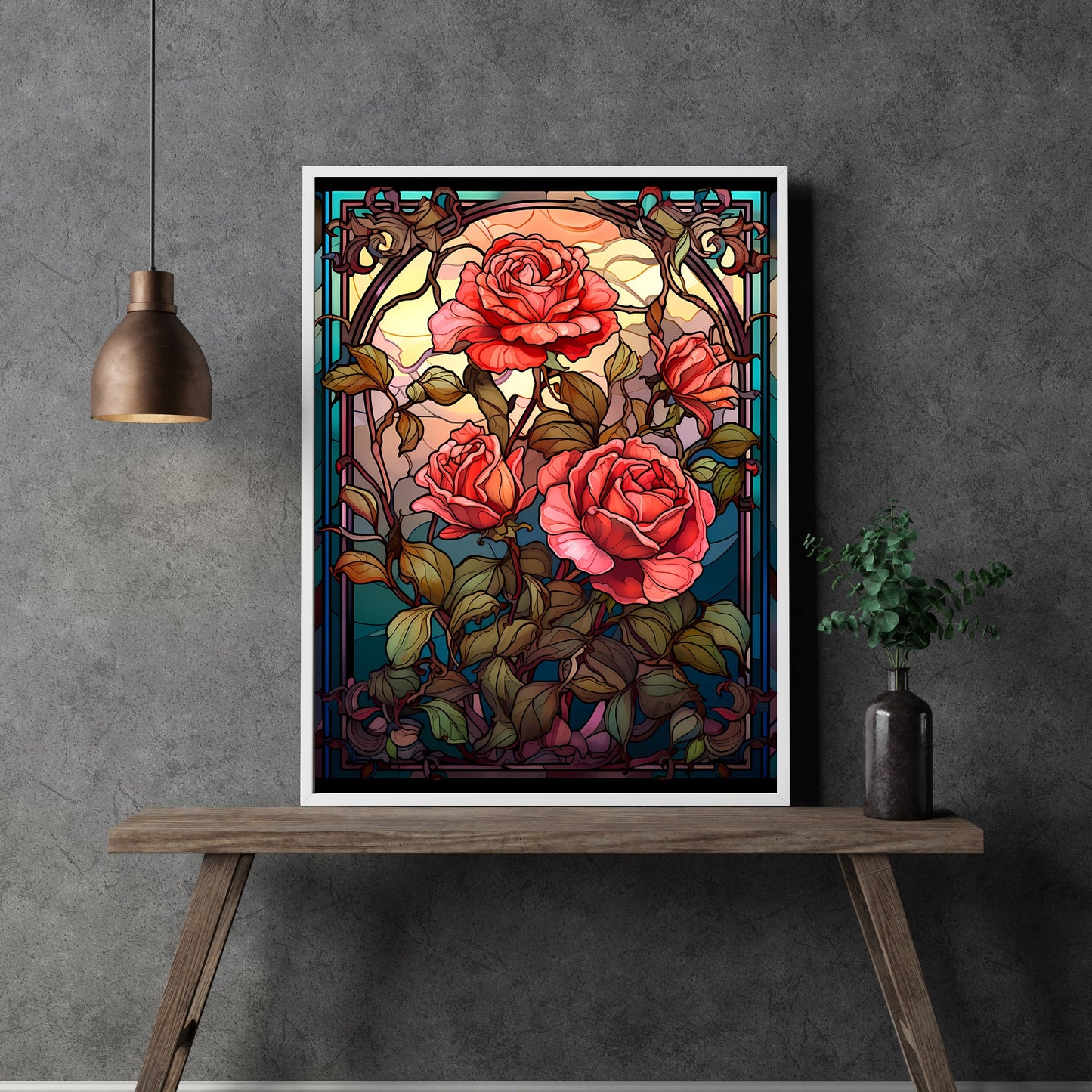 Stained Glass Roses Wall Art Dark Gothic Artwork Moody Painting Witchy Art Gift for Gothic Fans Dark Aesthetic Room Decor Paper Poster Print
