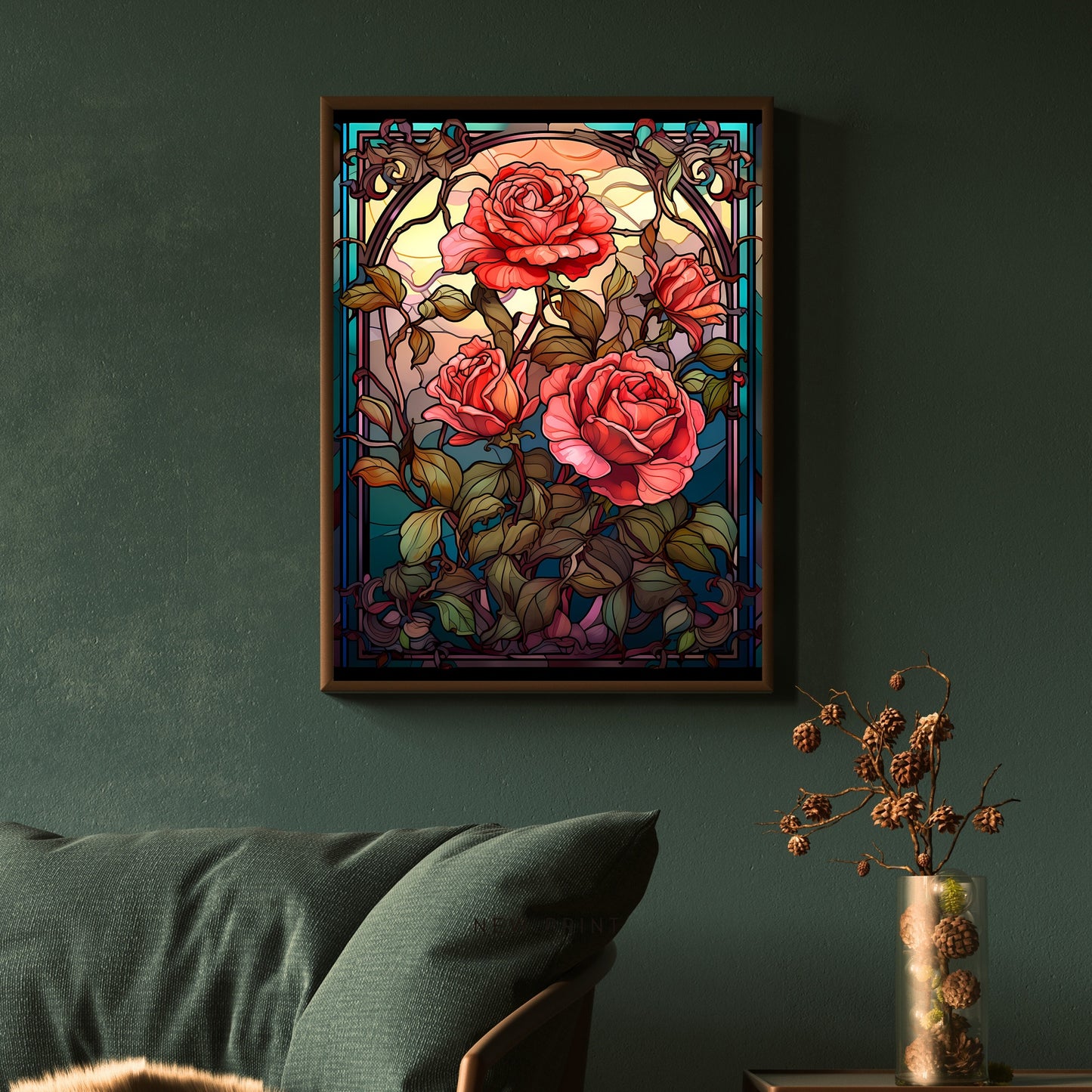Stained Glass Roses Wall Art Dark Gothic Artwork Moody Painting Witchy Art Gift for Gothic Fans Dark Aesthetic Room Decor Paper Poster Print