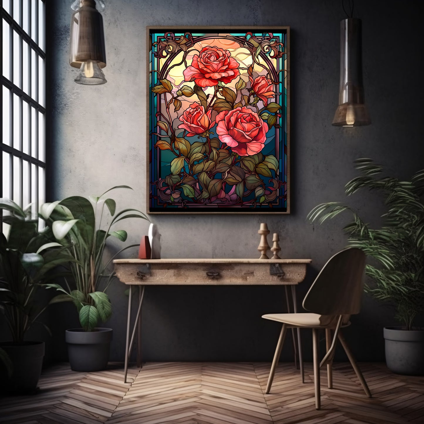 Stained Glass Roses Wall Art Dark Gothic Artwork Moody Painting Witchy Art Gift for Gothic Fans Dark Aesthetic Room Decor Paper Poster Print