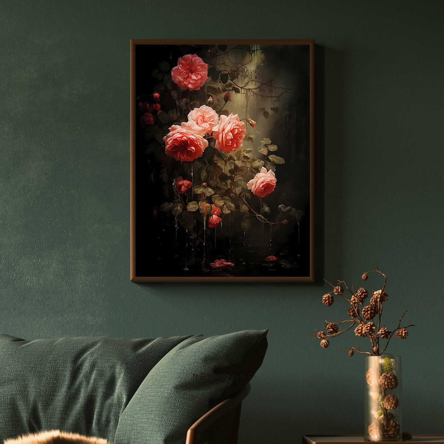 Driping Roses Wall Art Romantic Woodland Wall Decor Dark Cottagecore Artwork Vintage Forest Aestetic Painting Floral Rose Poster Paper Poster Print