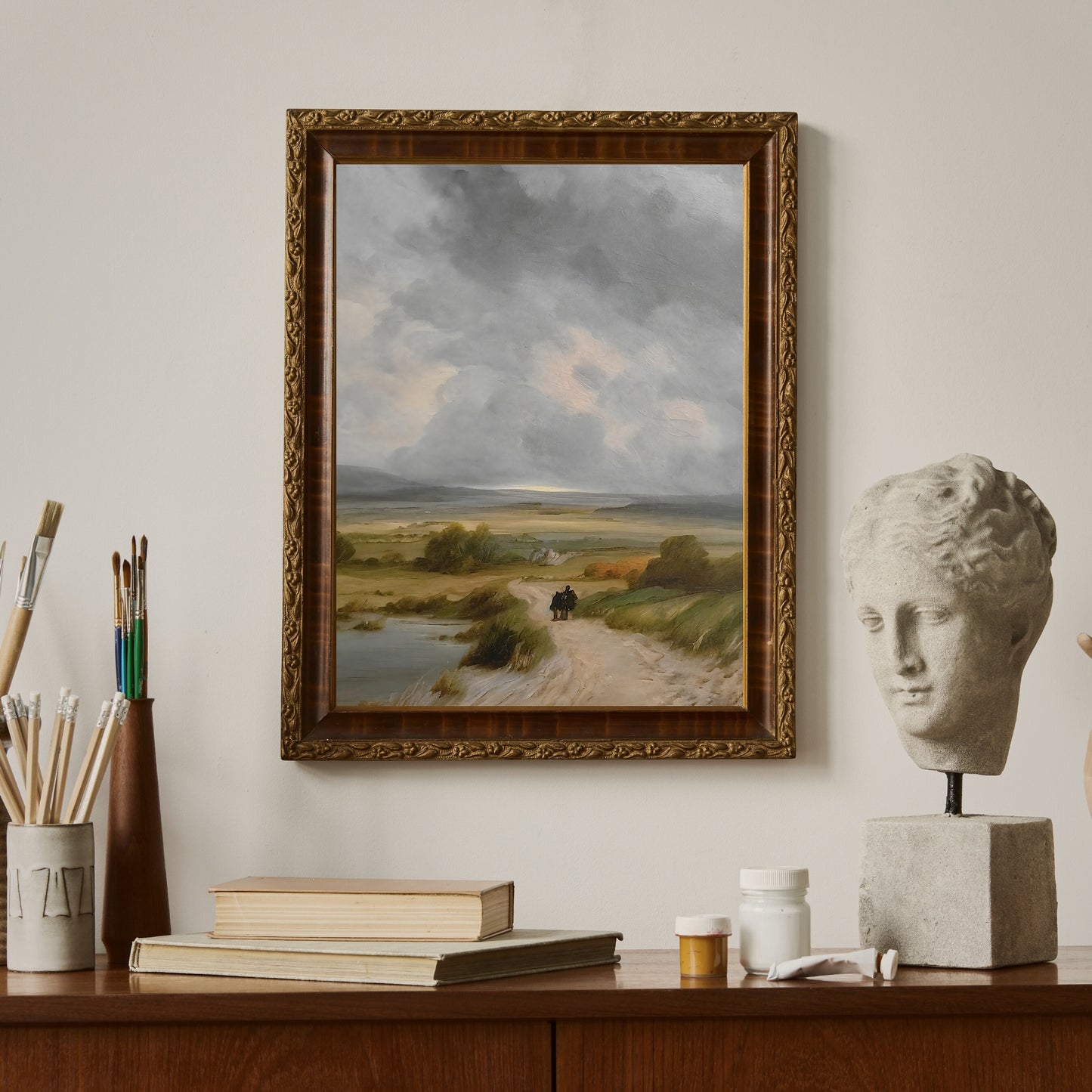 Vintage Countryside vintage art Paper Poster Prints oil painting landscape art moody art nature art print stormy clouds