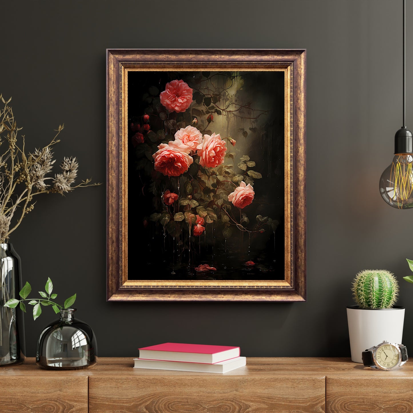 Driping Roses Wall Art Romantic Woodland Wall Decor Dark Cottagecore Artwork Vintage Forest Aestetic Painting Floral Rose Poster Paper Poster Print