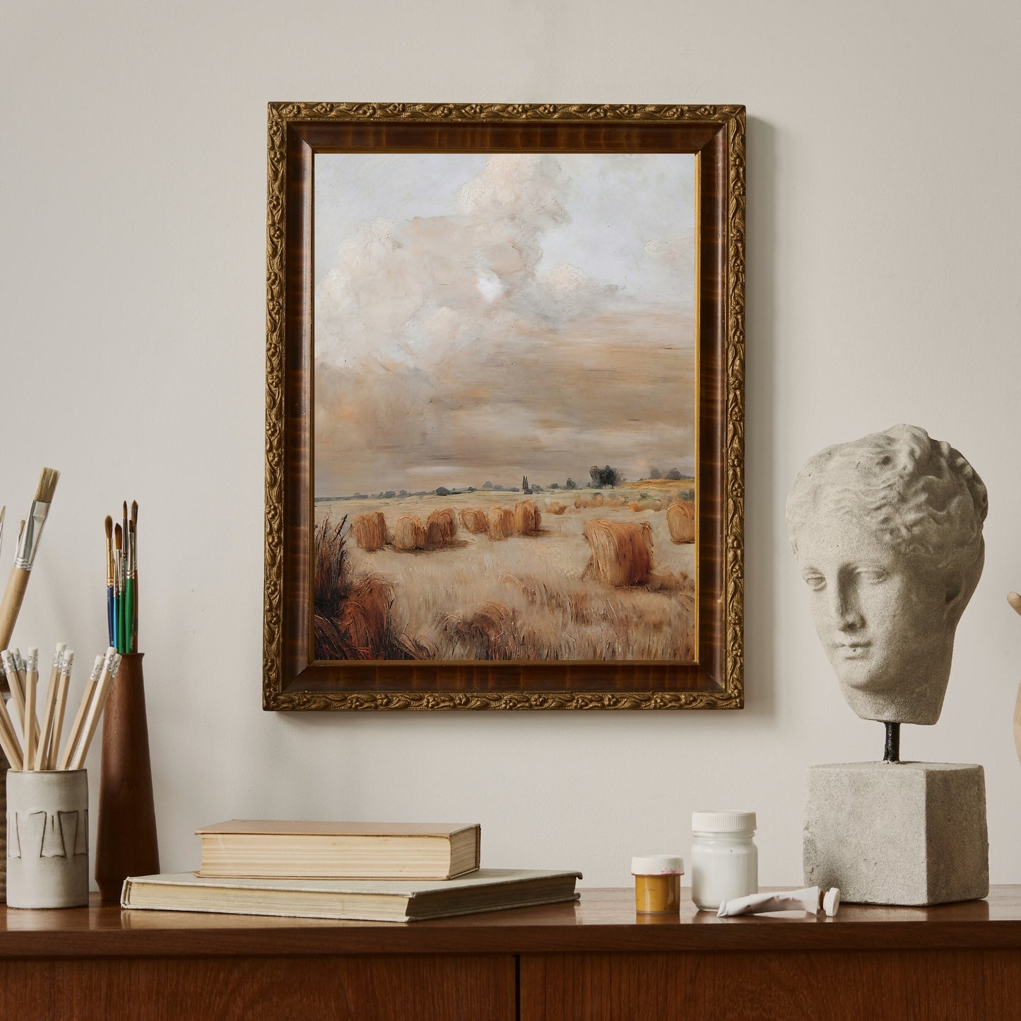 Autumn hay field painting Paper Poster Prints vintage art, oil painting landscape art moody art nature art print farmhouse art