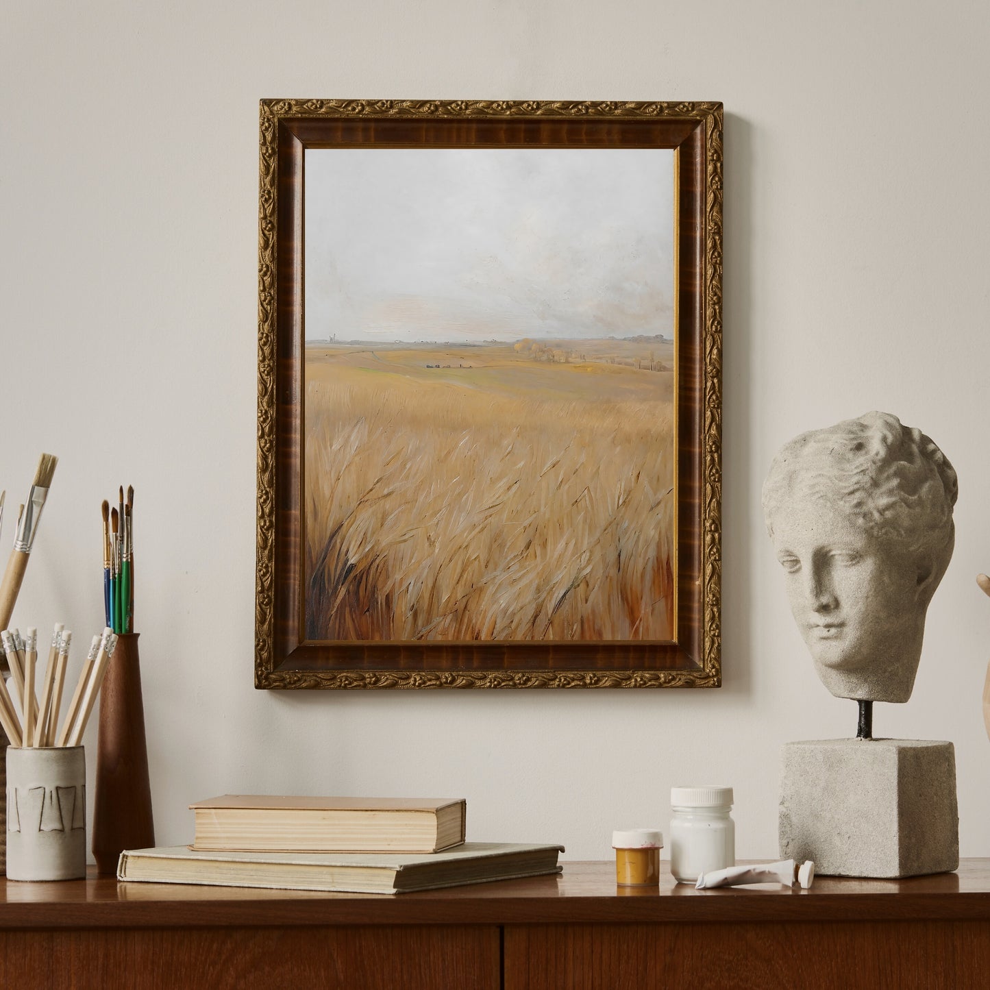 Autumn barley field painting Paper Poster Prints vintage art, oil painting, landscape art, nature art print, farmhouse art