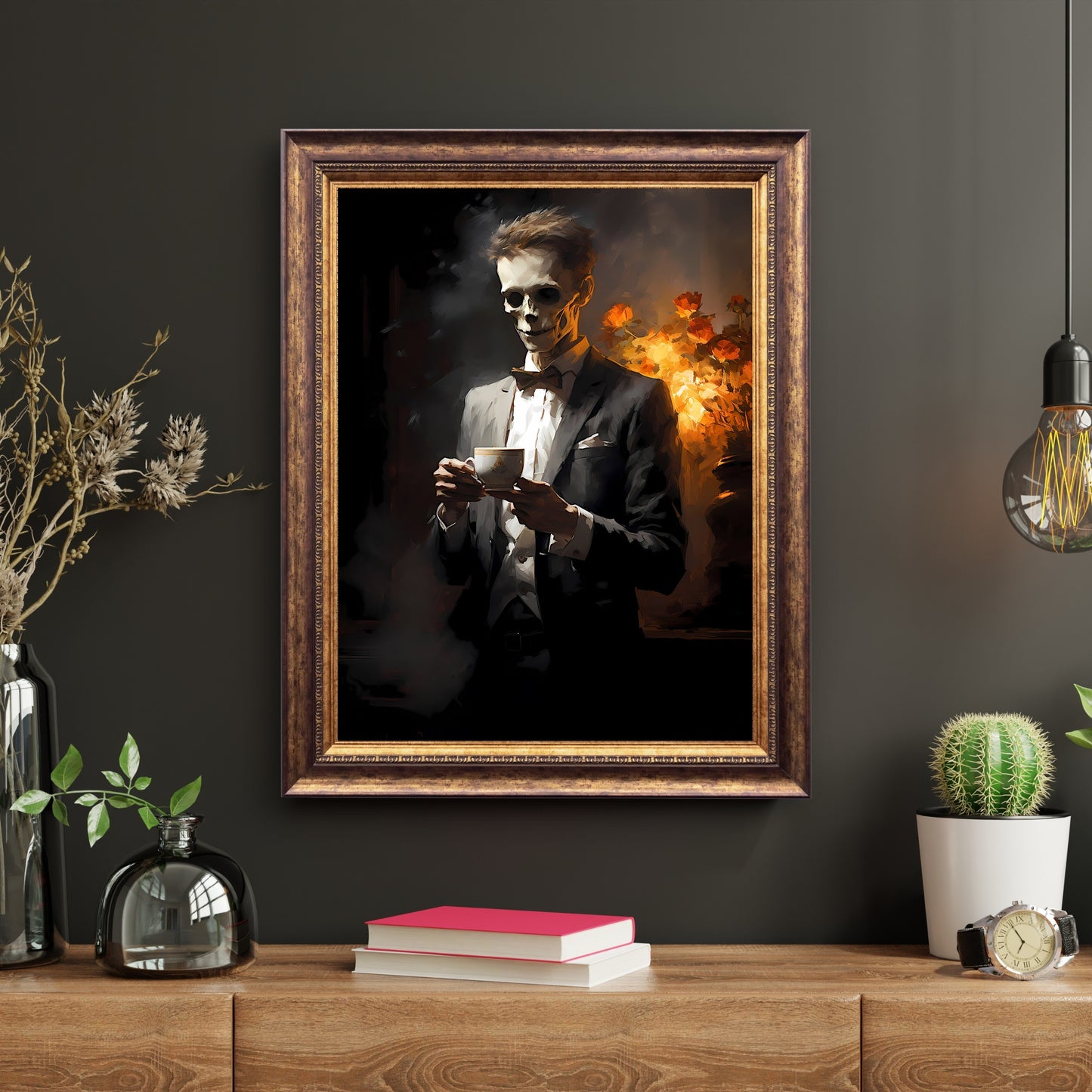 Zombie Geschäftsmann Wandkunst Undead Teatime Vintage Portrait Witchy Dekor Dark Cottagecore Gothic Dark Academia Halloween Poster Papier Poster Druck