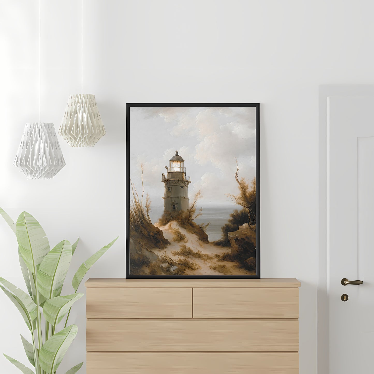 Lighthouse at beach print Paper Poster Prints vintage art, nautical painting, coastal art, seascape art, rembrandt style
