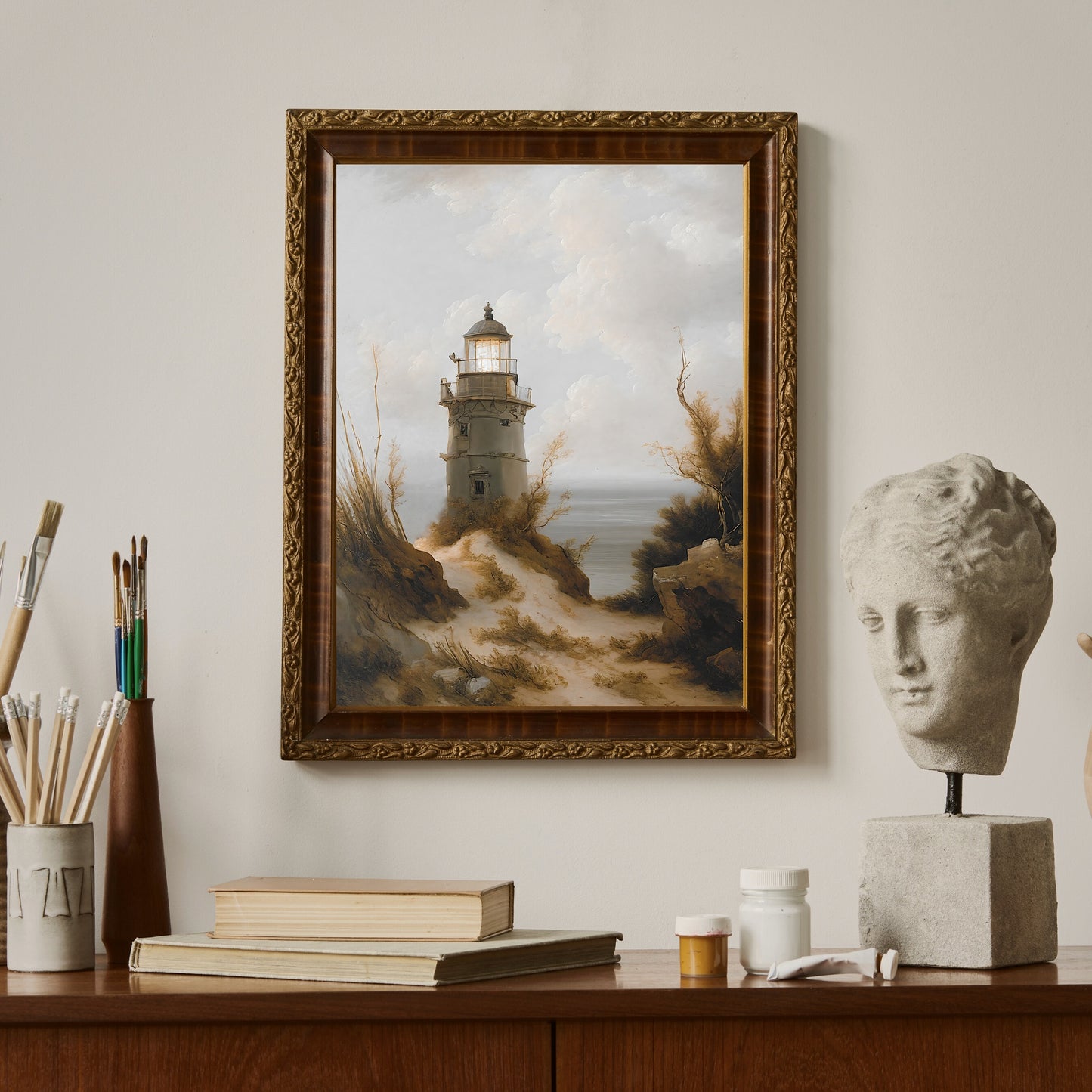 Lighthouse at beach print Paper Poster Prints vintage art, nautical painting, coastal art, seascape art, rembrandt style