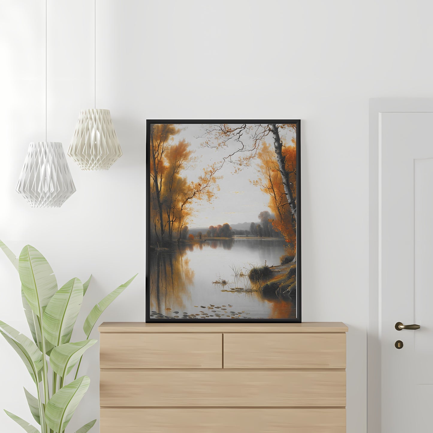 Autumn pond landscape Paper Poster Prints vintage art, pond painting, rustic, landscape art, nature art print, farmhouse art
