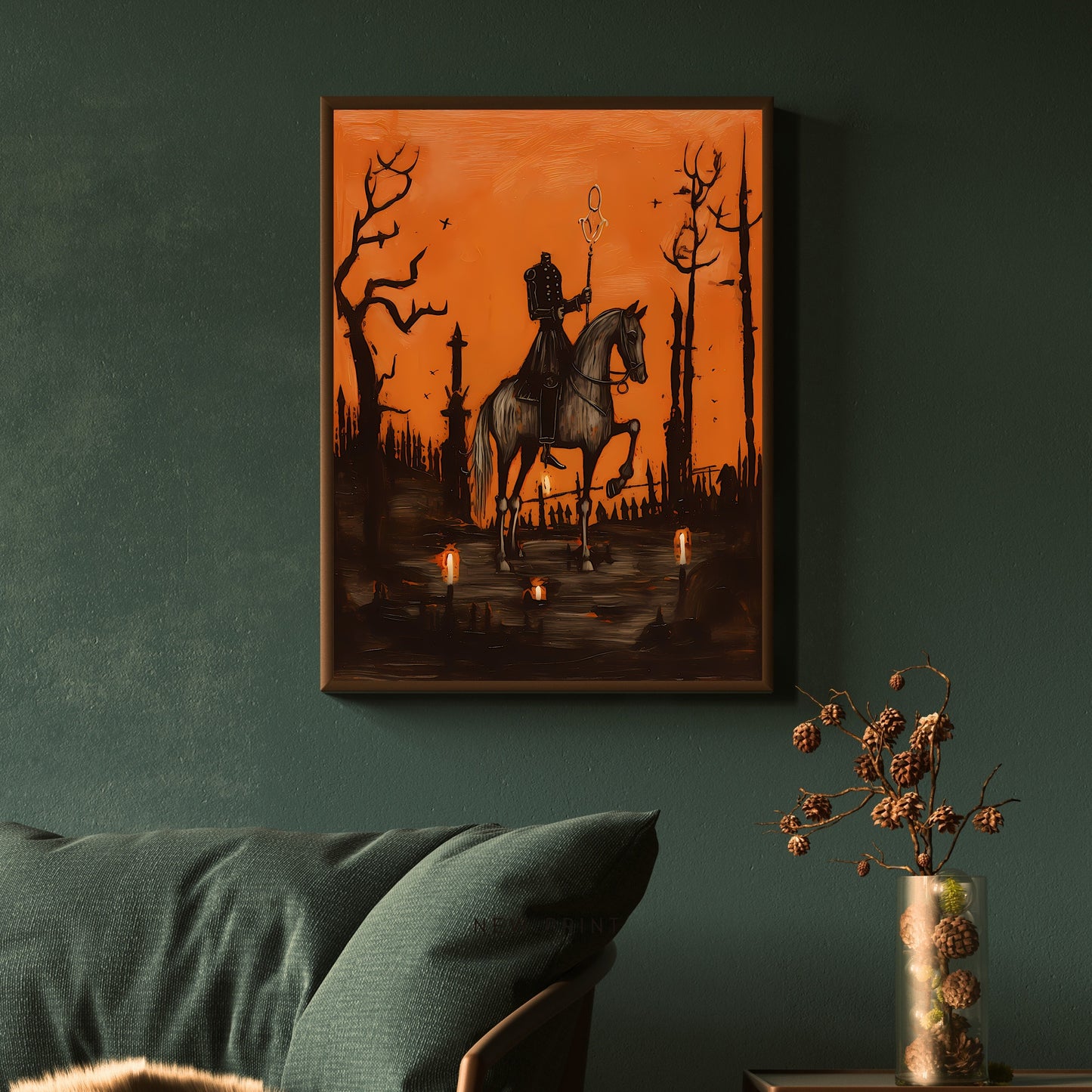 Sleepy Hollow Wall Art Vintage Halloween Oil Painting Witchy Decor Dark Cottagecore Gothic Orange and Black Halloween Decoration Paper Poster Print