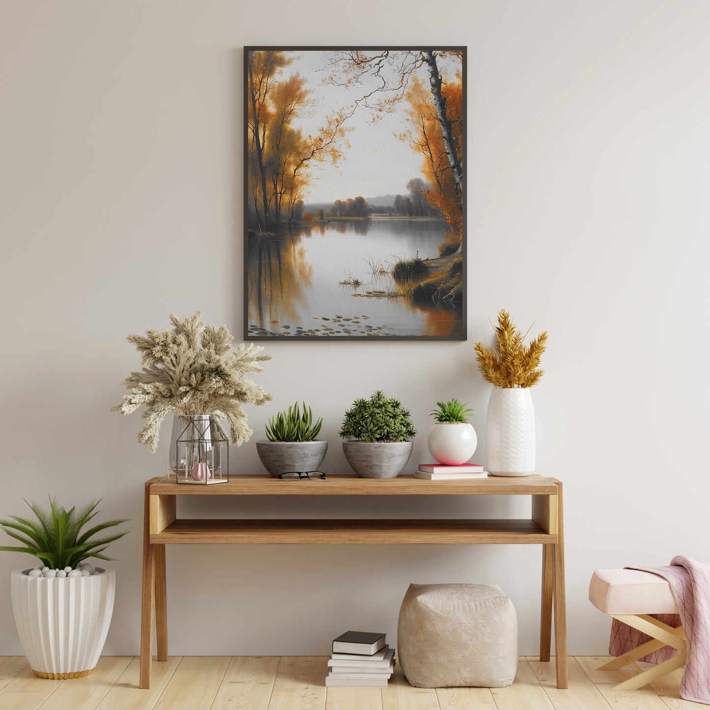 Autumn pond landscape Paper Poster Prints vintage art, pond painting, rustic, landscape art, nature art print, farmhouse art