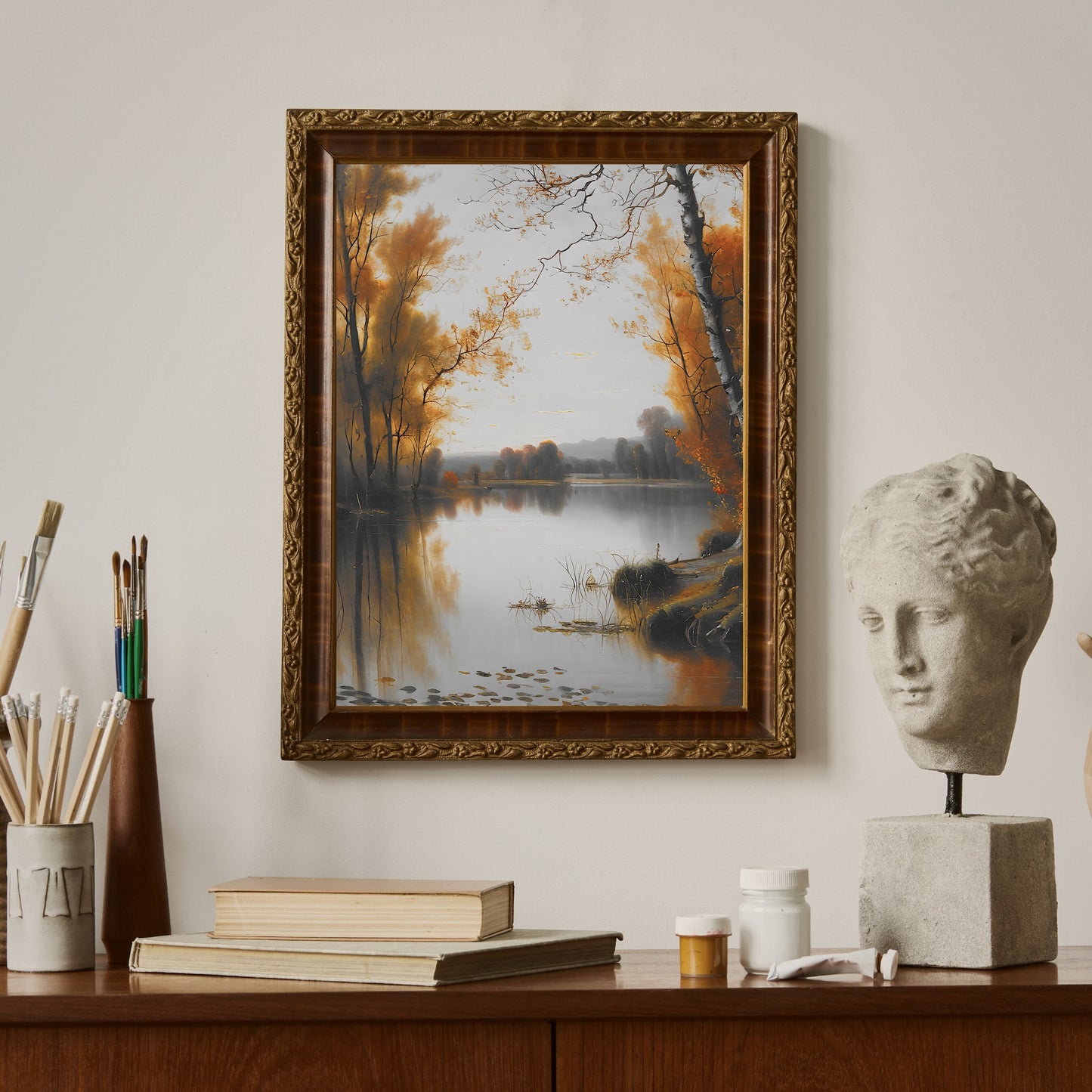 Autumn pond landscape Paper Poster Prints vintage art, pond painting, rustic, landscape art, nature art print, farmhouse art