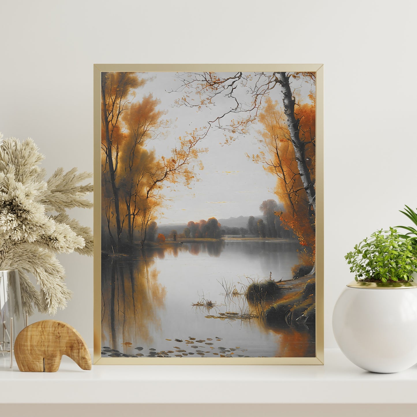 Autumn pond landscape Paper Poster Prints vintage art, pond painting, rustic, landscape art, nature art print, farmhouse art